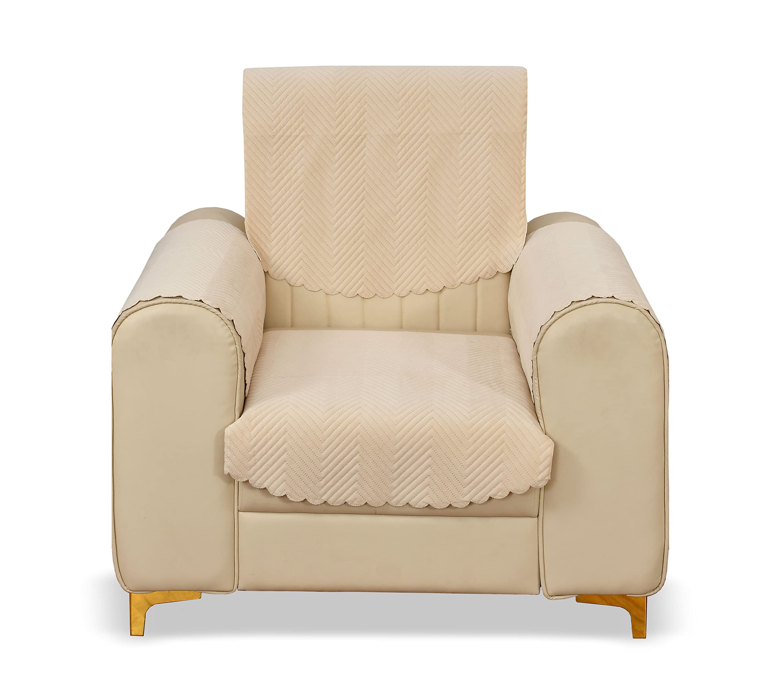 Yellow Weaves 1 Seater Quilted Sofa Chair Cover With Arm Cover, Seat & Back Cover, Color - Beige - Velvet