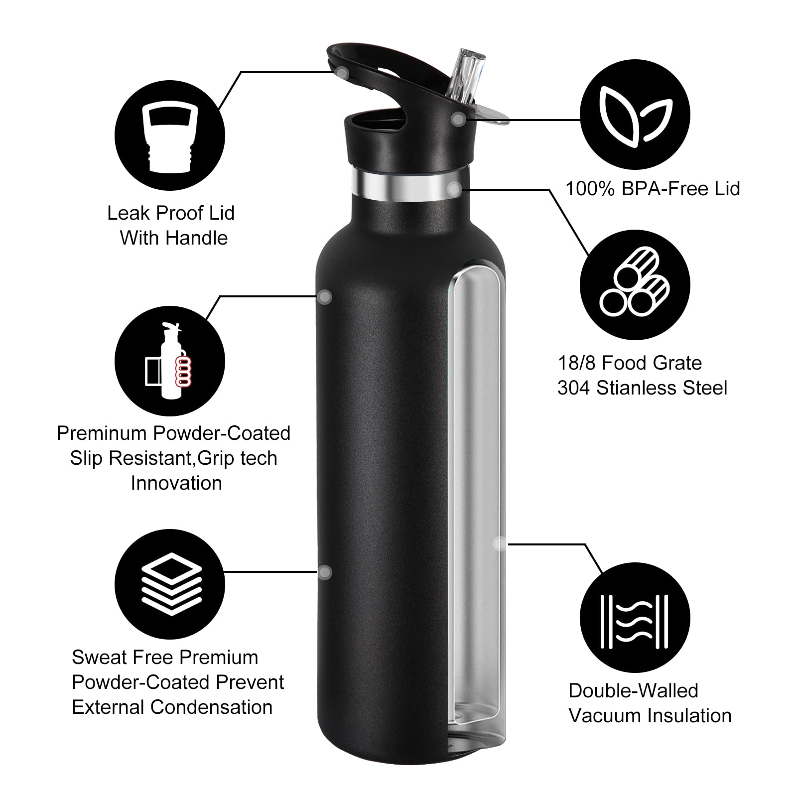 Neihepal 24Oz Insulated Water Bottles Bulk 4 Pack,Stainless Steel Double Wall Sport Bottle With Straw Lid,Metal Cup Reusable The