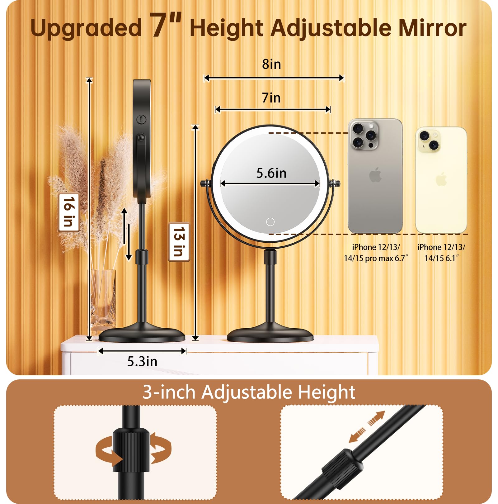 Gospire Lighted Makeup Mirror With Magnification 10X, 3 Color Dimmable Lights & Height Adjustable 7'' Cosmetic Mirror, 360 Swive