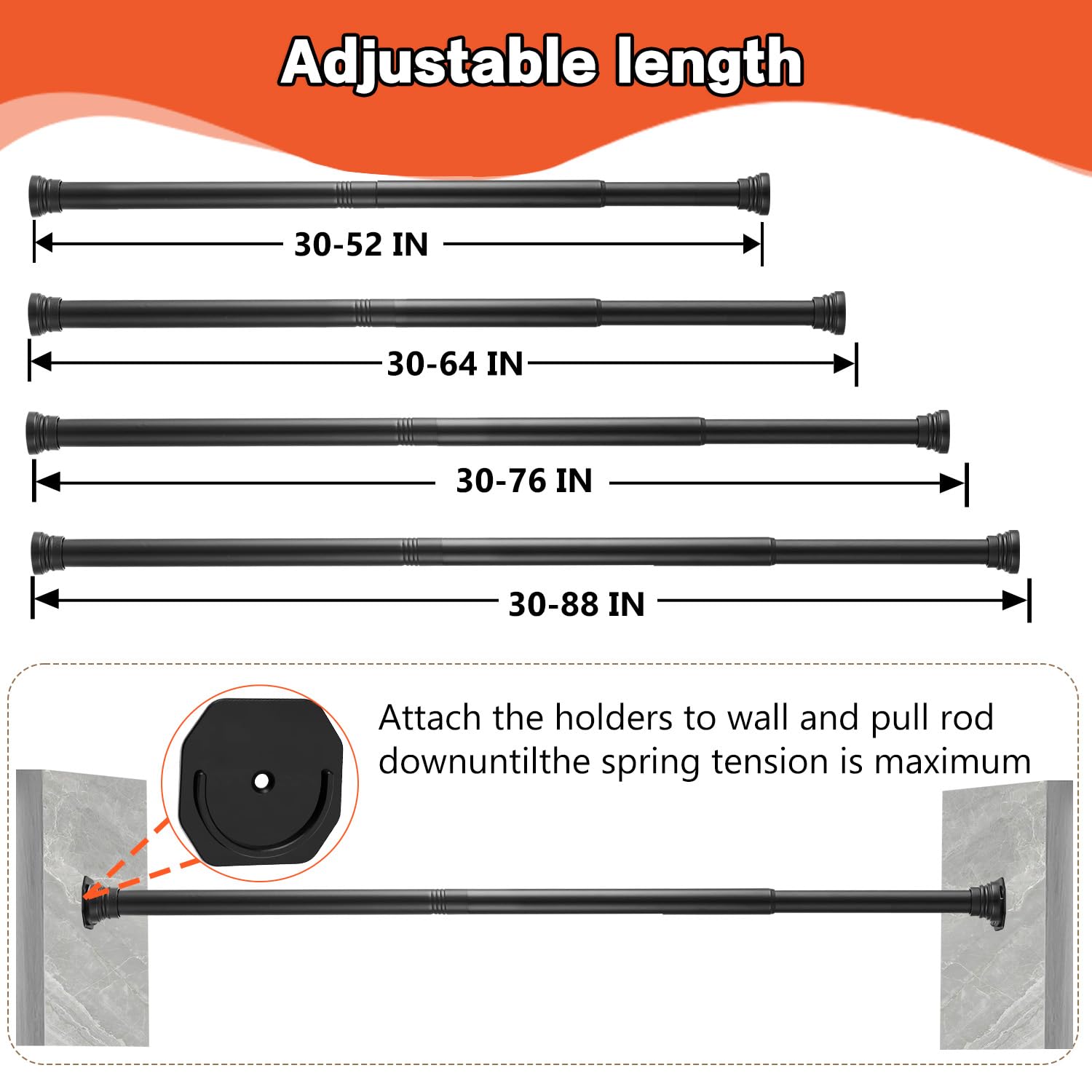 Dwelspire Closet Rod For Hanging Clothes, With No Drilling Holder 30 To 88 Inches Adjustable Matte Black Closet Rods, Space Savi