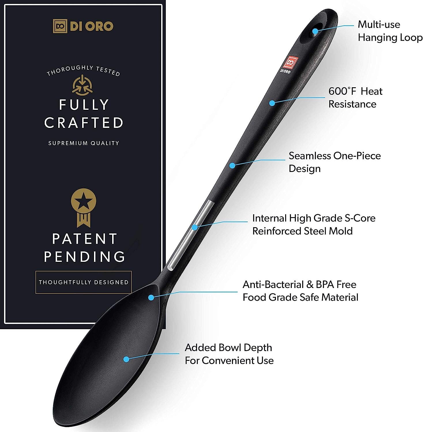 Di Oro Cooking Spoon - Solid Silicone Spoon 600F High Heat Nonstick Cookware Safe - Kitchen Spoon For Cooking & Baking - Large S