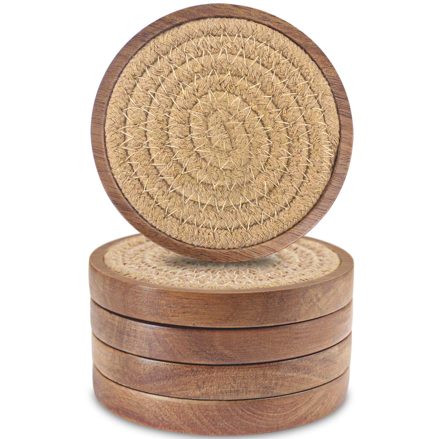Eykao Wood Coasters For Drinks, Absorbent Coaster Sets Of 5, Woven Drink Coasters For Coffee Table, Housewarming Gift For Farmho