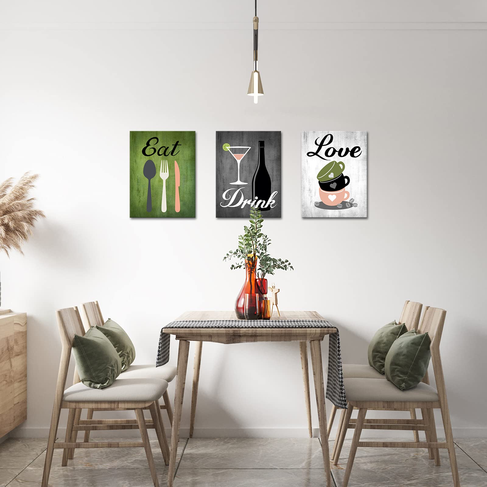 Canvas Set of 3 Green and Grey Modern Kitchen and Dining Room Wall Art Home Decor Abstract EAT DRINK LOVE Theme Canvas Prints Pictures Framed Artwork for Coffee Bar Restaurant Cafe Ready to Hang