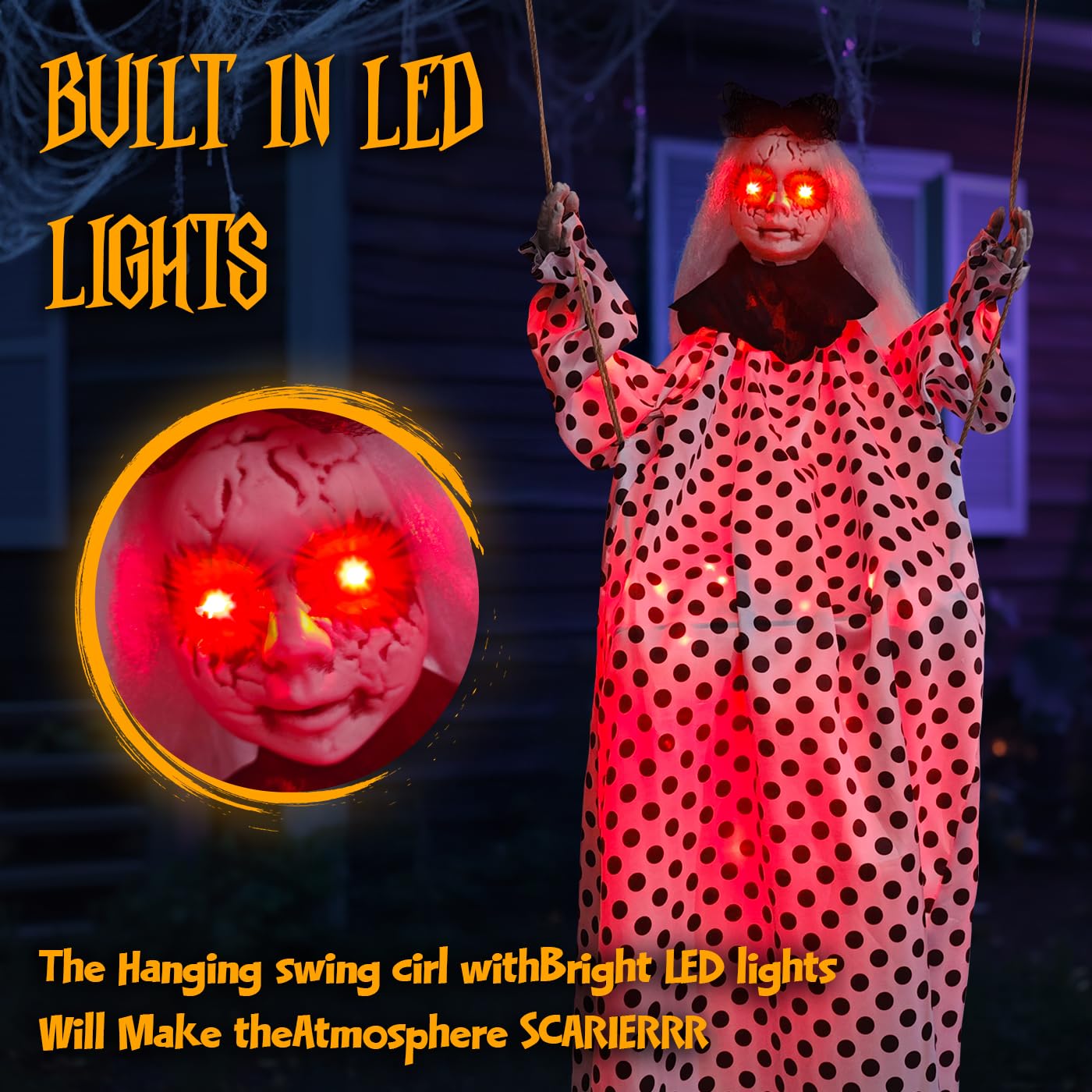 HOMELEX 50 Inch Hanging Swinging Gir White Ghosts Halloween Light-Up LED Eyes Prop Indoor and Outdoor Decoration