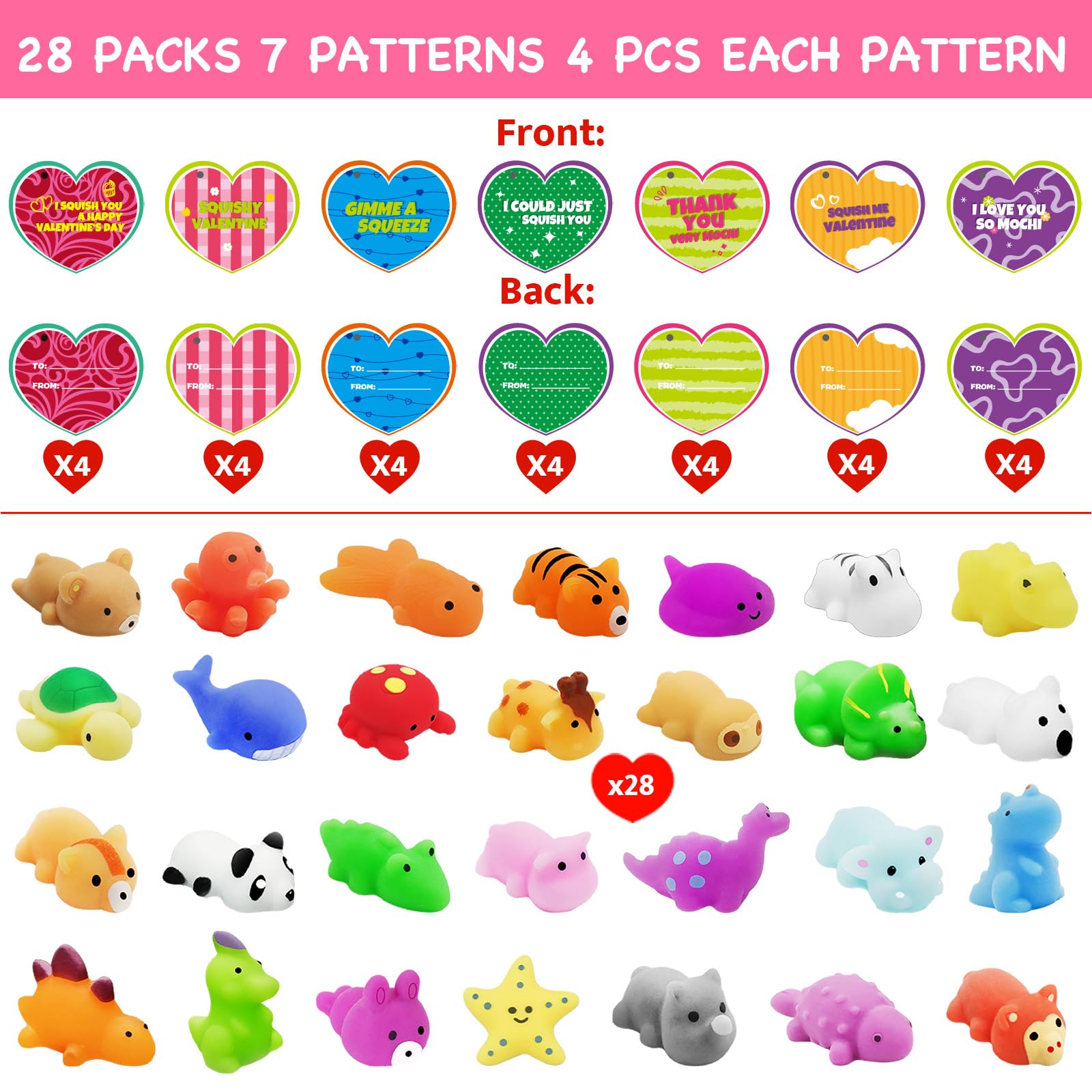 Govetom 28 Pack Valentine Mochi Squishy Toys Filled Hearts With Valentine Cards Animal Squishies For Kids Valentines Day Gift Ex