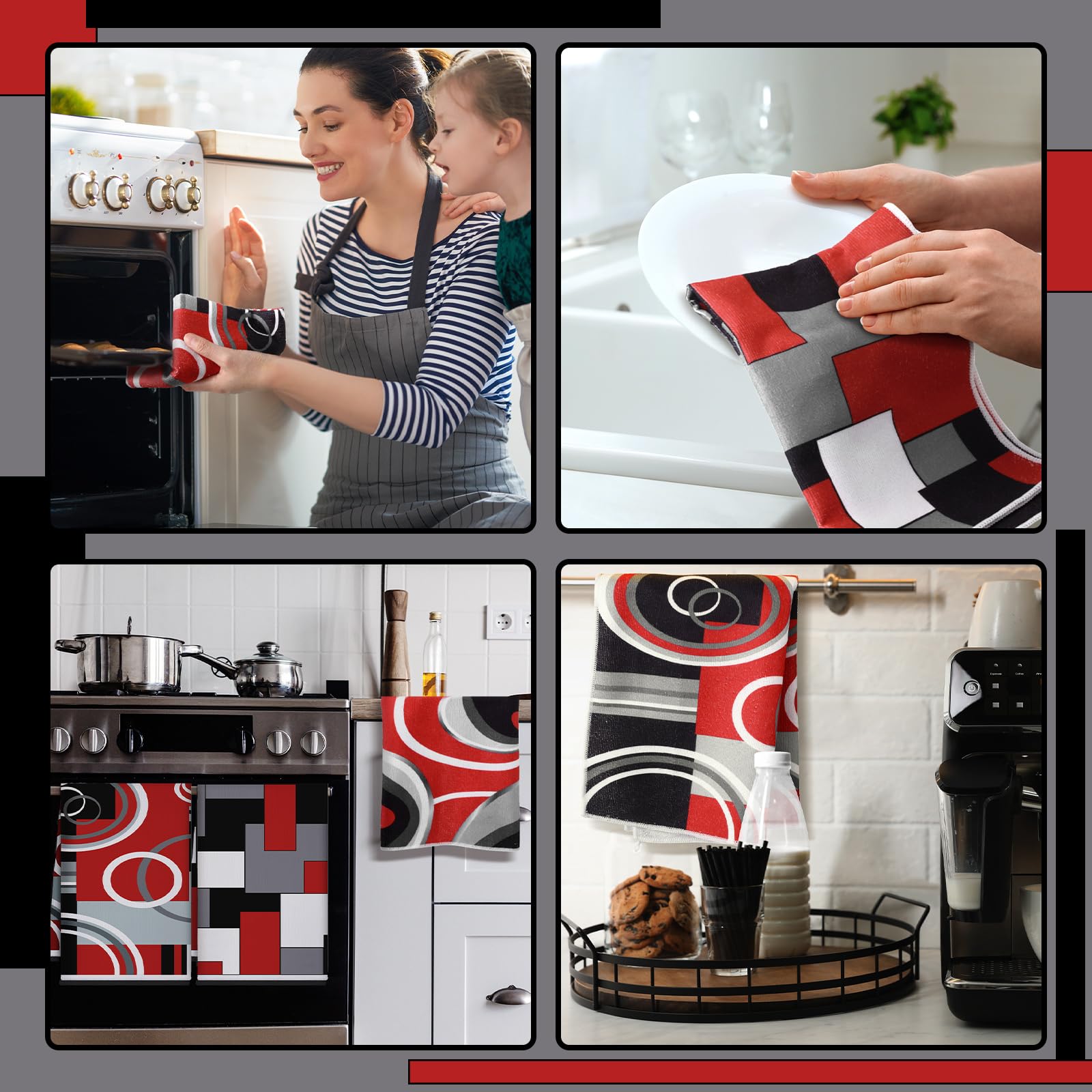 Boyiee Set of 6 Red Black Grey White Kitchen Towels Modern Geometric Dish Hand Towels 24 x 16 Inches Gifts Decorative Tea Cloth