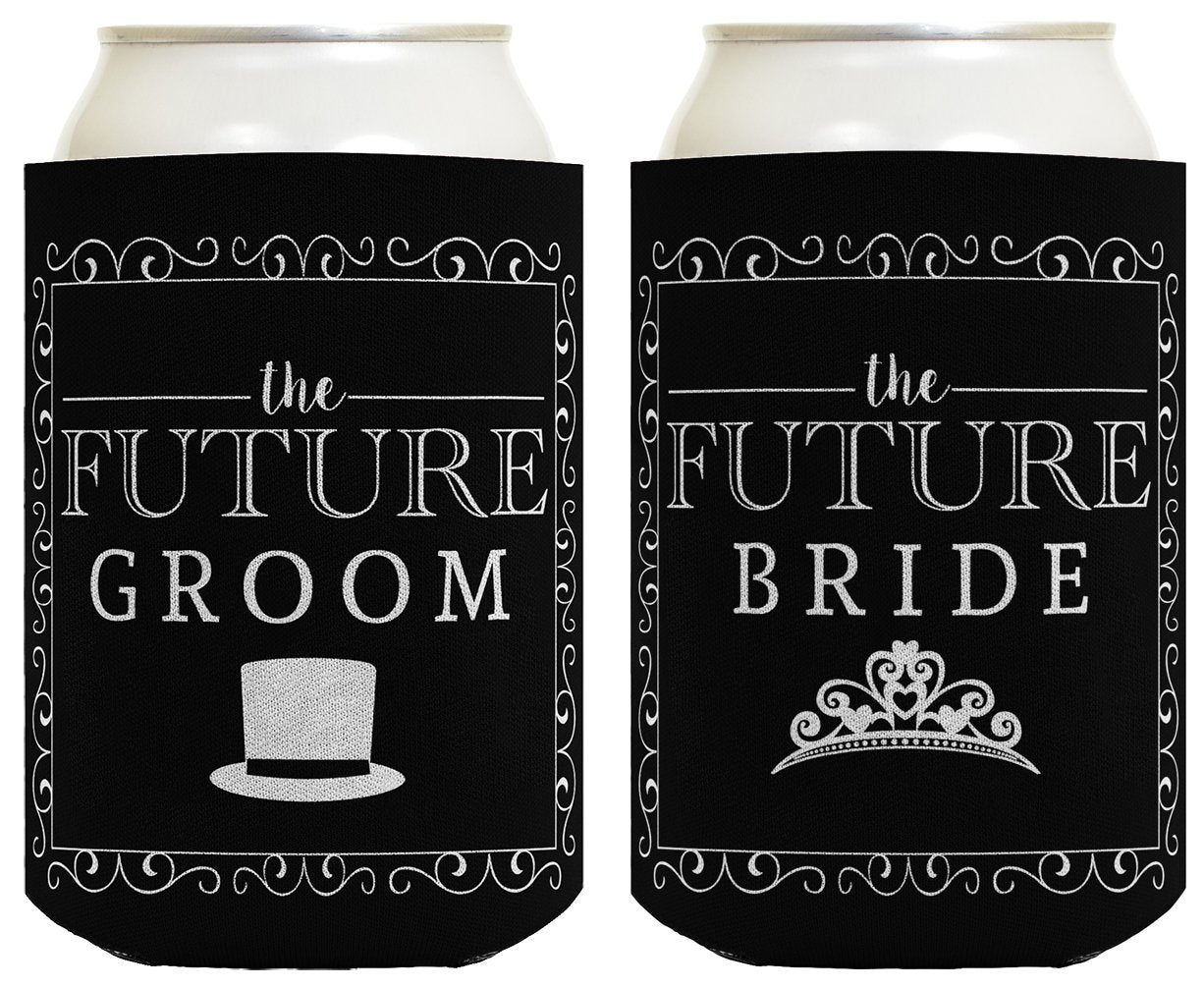 Bridal Shower Gifts Future Bride & Groom Wedding Gift 2 Pack Can Coolie Drink Coolers Coolies Black