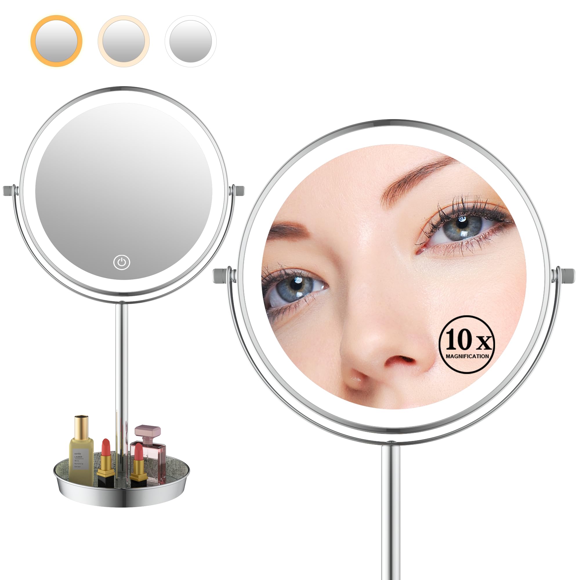 Lansi 8'' Lighted Makeup Mirror With Lights And Magnification,1X/10X Magnifying Mirror With Light,Vanity Mirror With Jewelry Hol