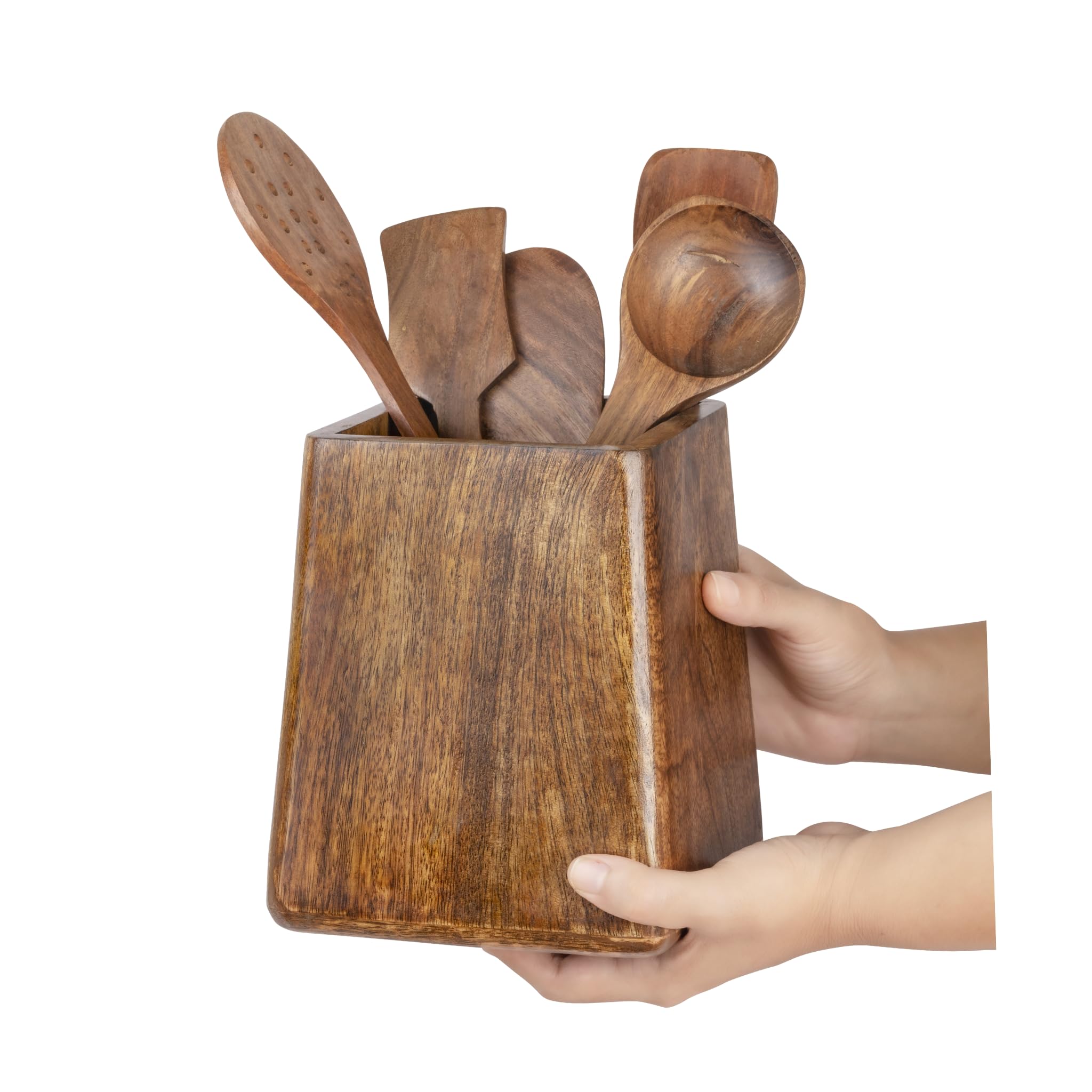 Mie Creations Rustic 7'' Large Utensil Holder Crock For Kitchen Countertop | Mother'S Day Gift Utensils Crock, Wooden Square Tap