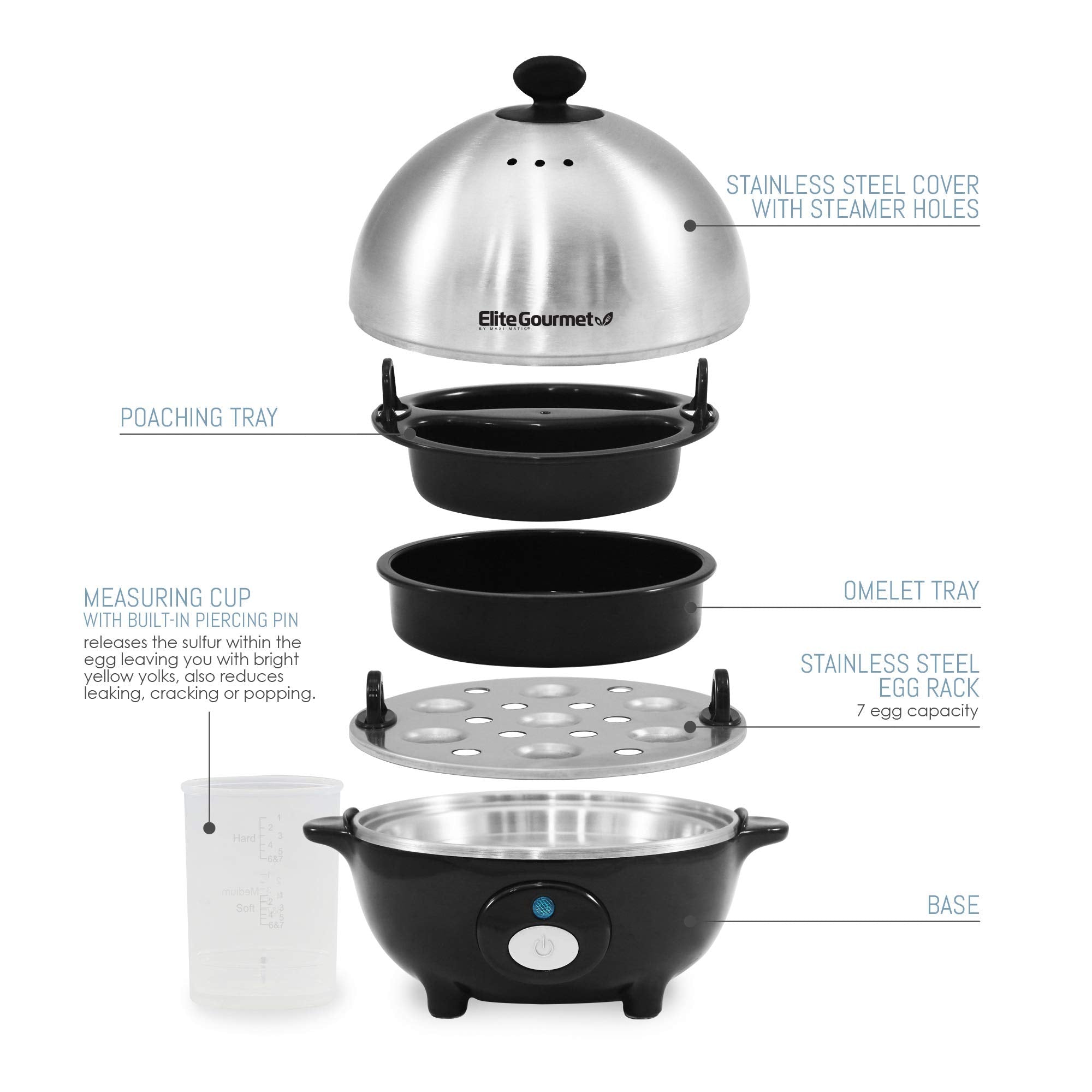Elite Gourmet Egc-508 Rapid Egg Cooker, 7 Easy-To-Peel, Hard, Medium, Soft Boiled Eggs, Poacher, Omelet Maker, Auto Shut-Off, Al