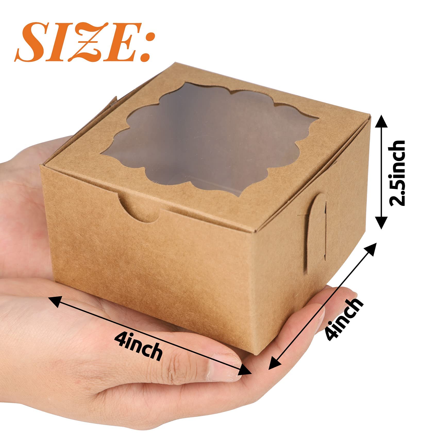 Yunko 50 Pack Cookie Boxes 4X4X2.5 Inches Bakery Boxes Dessert Boxes With Window For Chocolate Strawberries Muffins Donuts (Brow