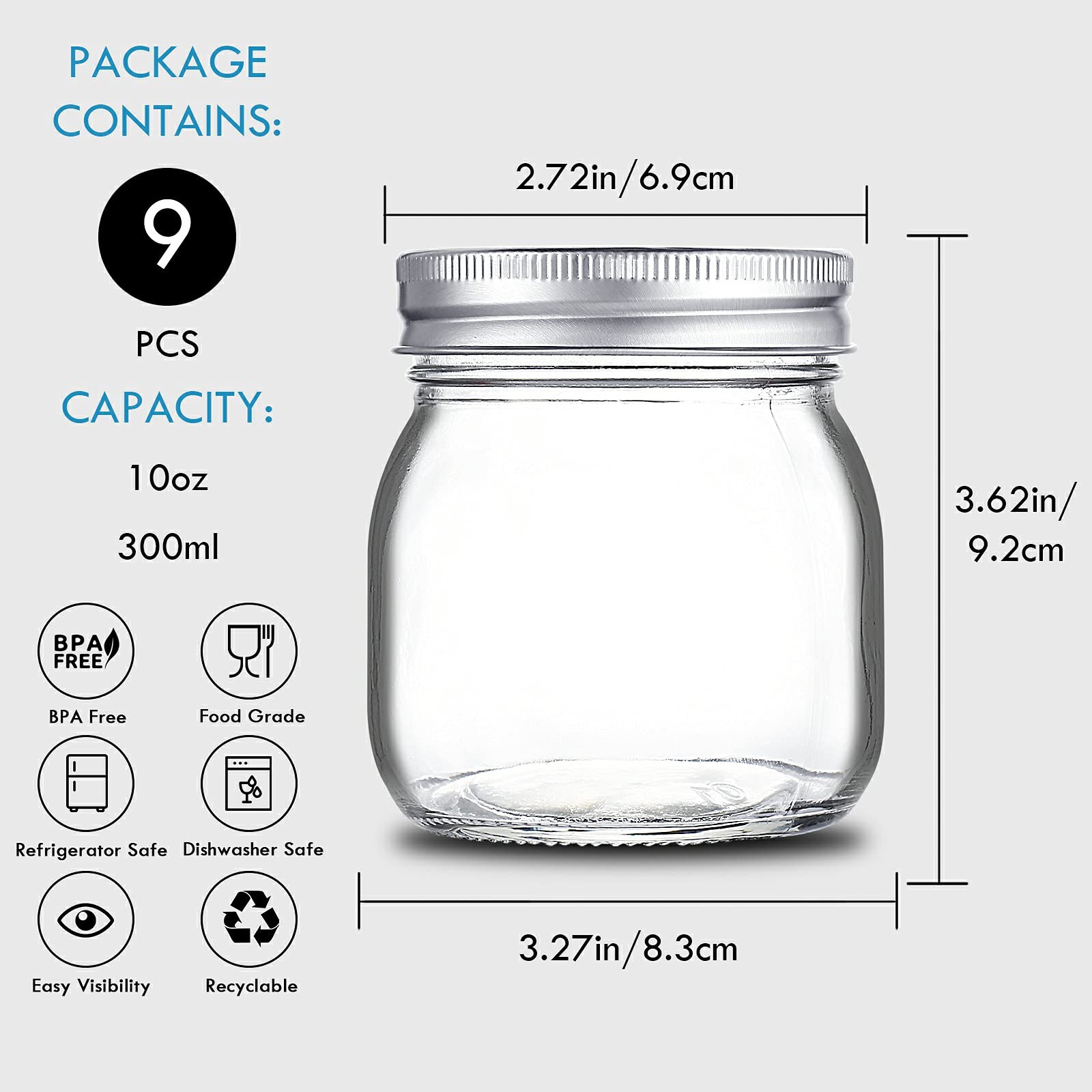 Yeboda 9 Pack Wide Mouth Mason Jars 10 Oz Glass Canning Jars With Airtight Lids And Bands For Preserving, Jam, Honey, Jelly, Wed
