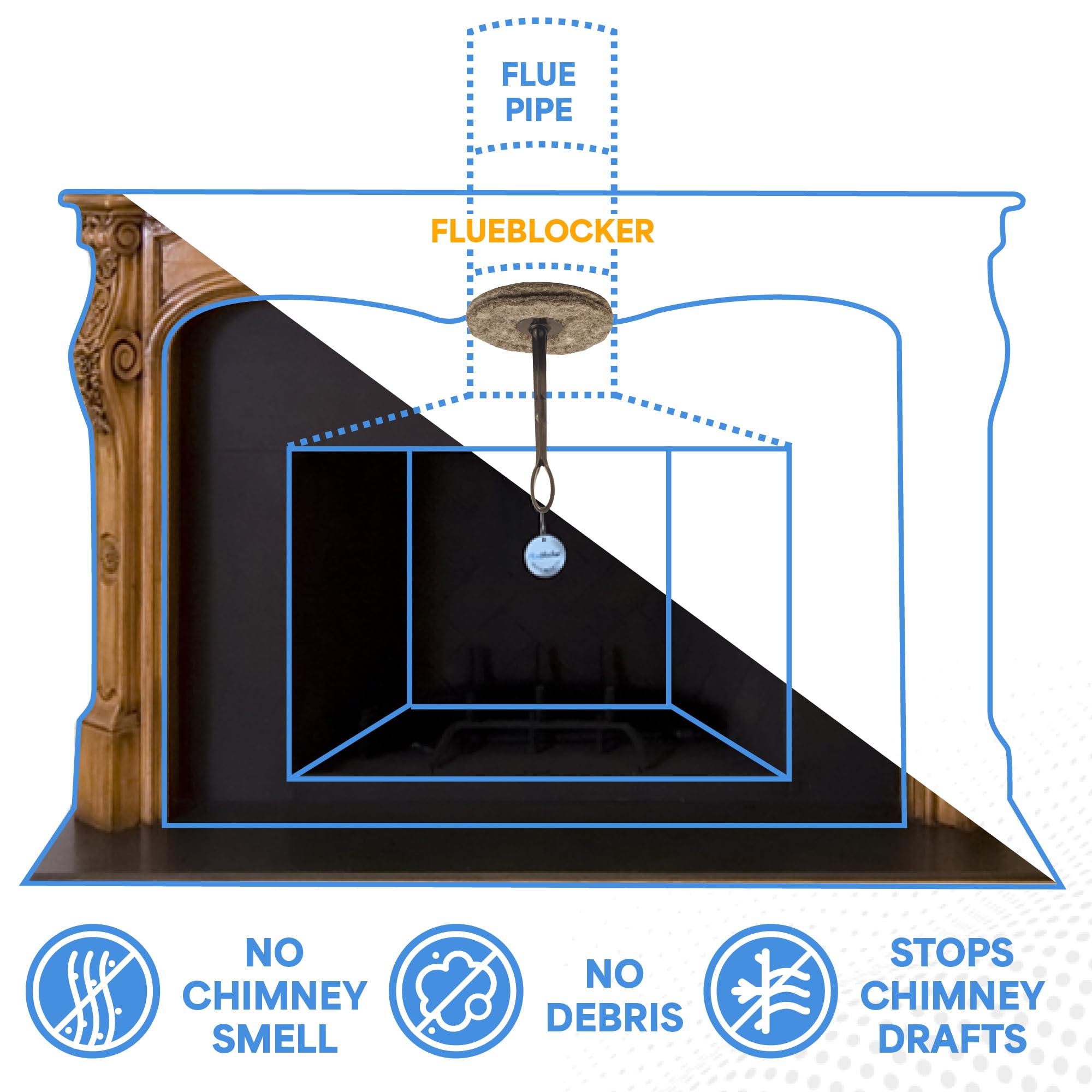 Flueblocker to Plug a 8'' or 9'' Round Chimney Flue - Chimney Sheep Wool Wood Stove & Fireplace Draft Stopper Plug Excluder - Save Energy Block Smell & Debris - Better Than Inflatable Pillow Balloon