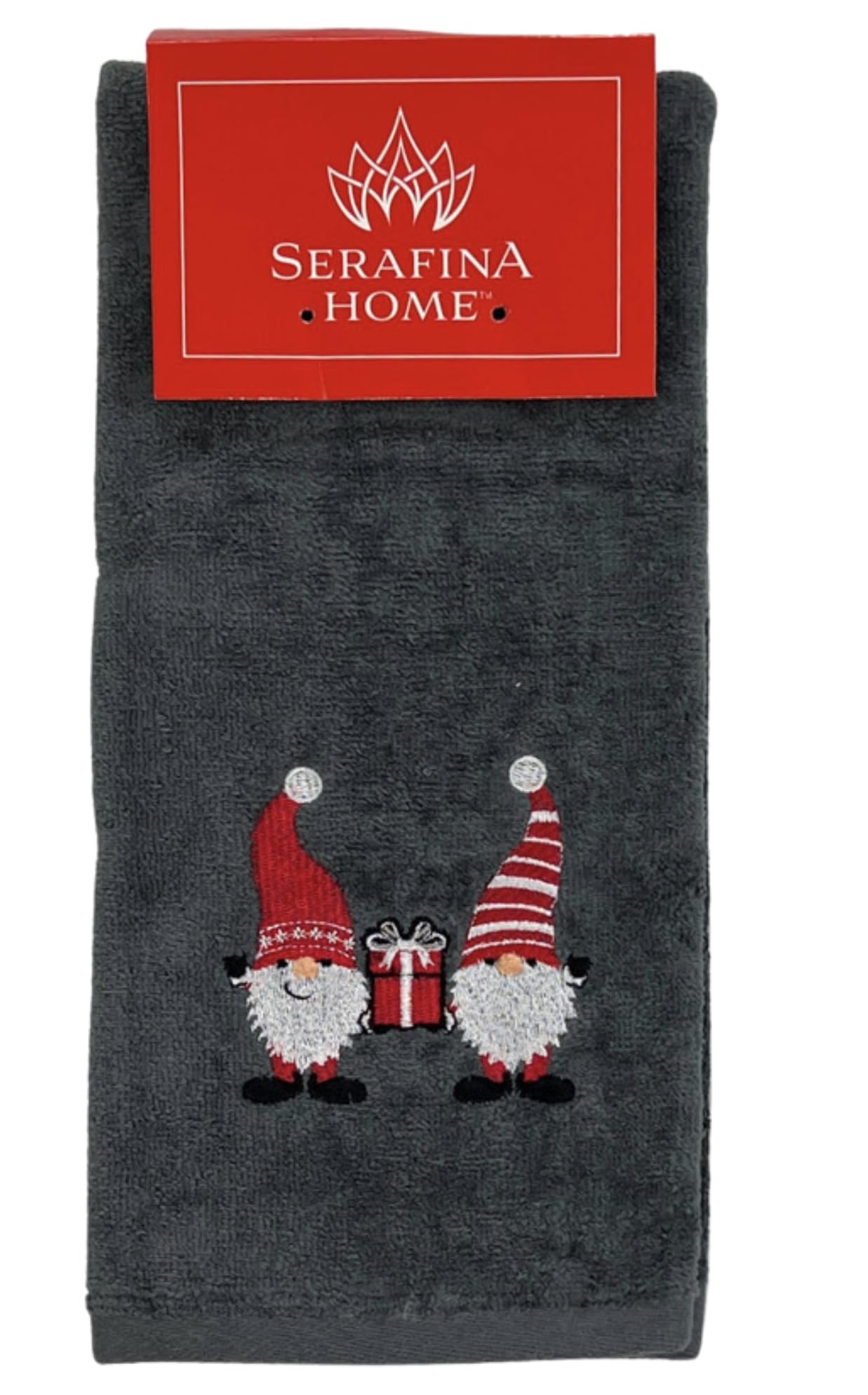 Christmas Gnomes Towel Set: Grey Hand Towels with Red White Embroidery Jolly Nordic Gnome