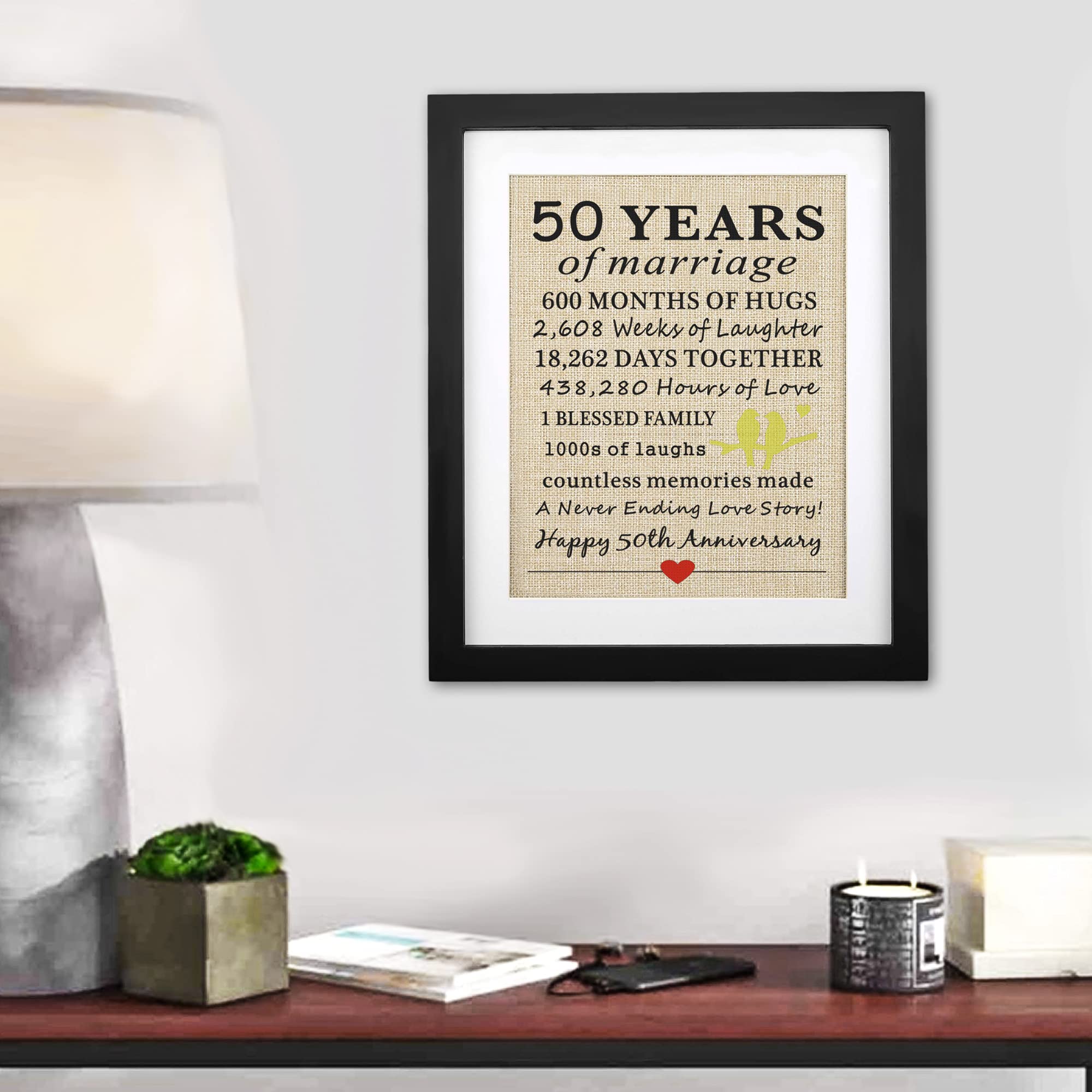 Corfara Framed 50Th Wedding Anniversary Burlap Print, 11'' W X 13'' H, Golden For Couples