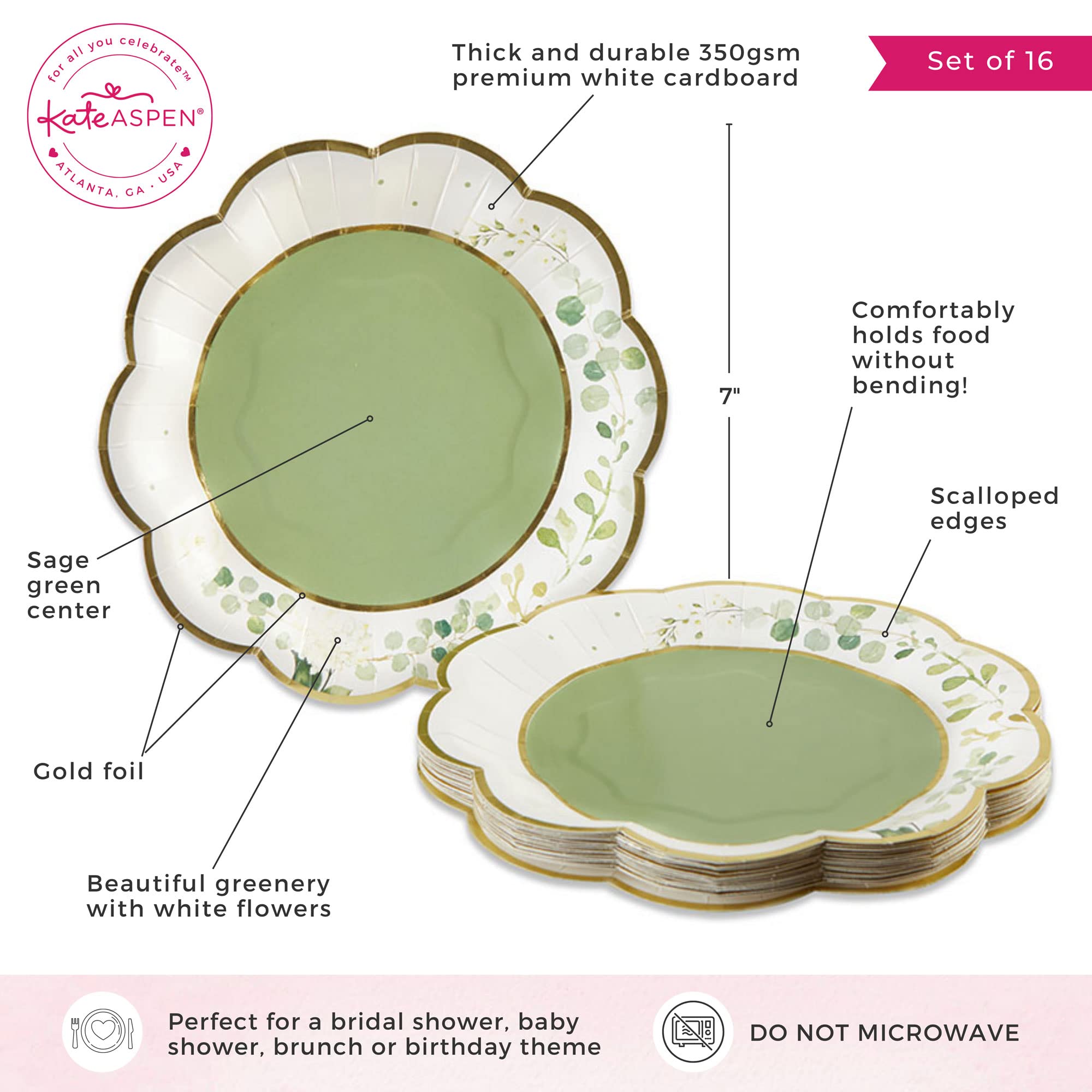 Kate Aspen Botanical Garden  7 Inch  Sage Green Party Decorations  Eucalyptus Floral Print Decorative Premium Paper Plates (Set of 16)