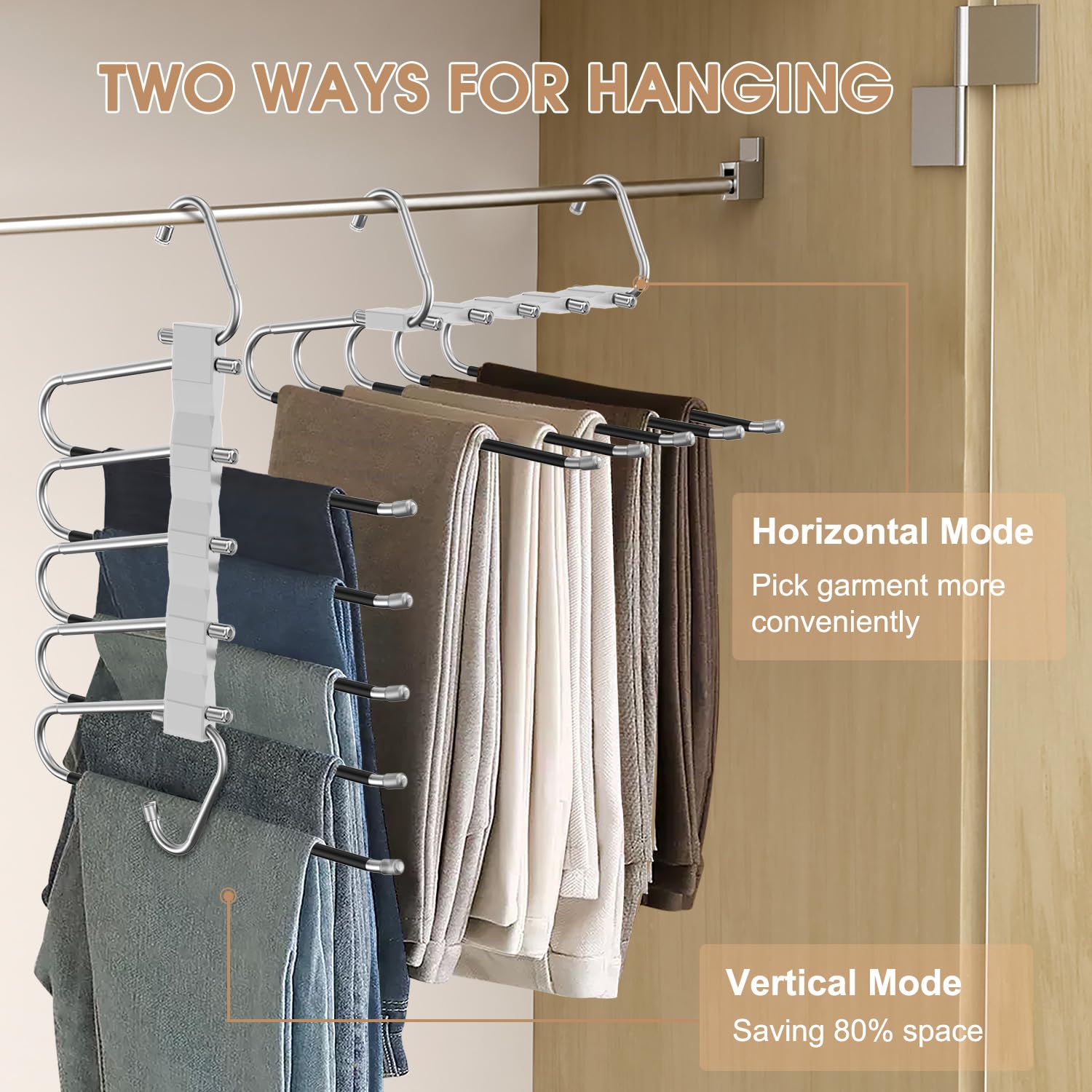 Loretoy 4 Pack Pants Hangers Space Saving, Anti-Slip Multi-Functional Pants Rack, Thickened Stainless Steel Tube, Two Hanging Mo