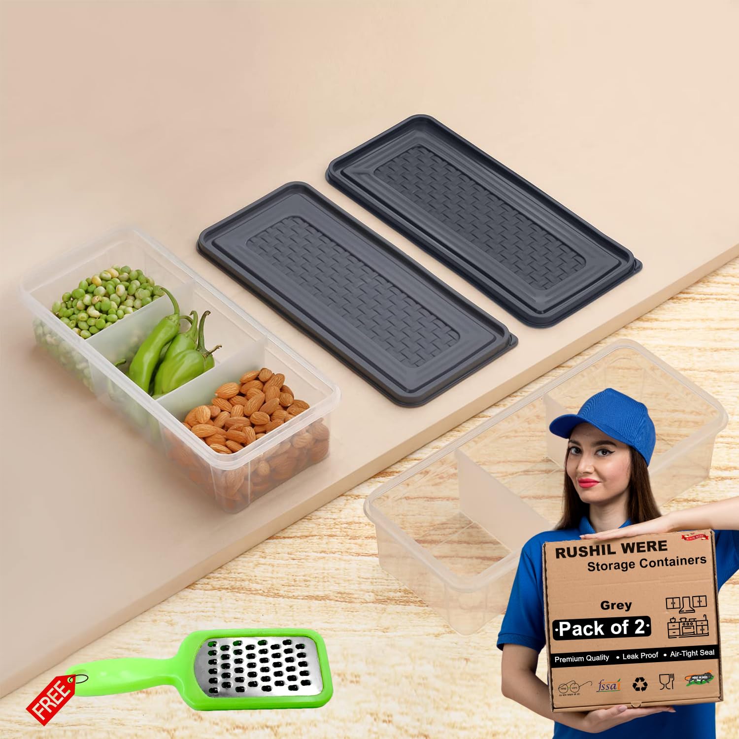 Rushil Were 3 Partition Fridge Container Boxes Organizer | Pack Of 4 | Free 1 Grater | Plastic Storage Box For Kitchen | Microwa