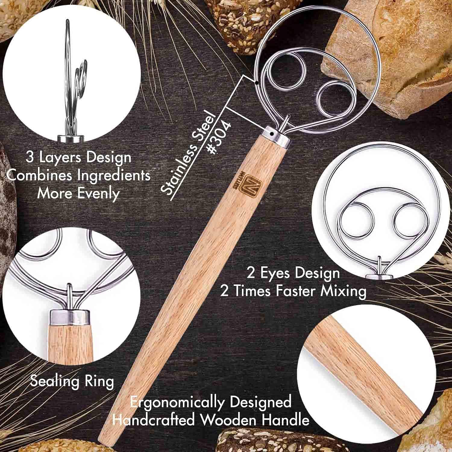 Natluss Original Danish Dough Whisk Dutch Style 13'' Stainless Steel Large Wooden Hand Dough Mixer Baking Tool For Bread, Batter