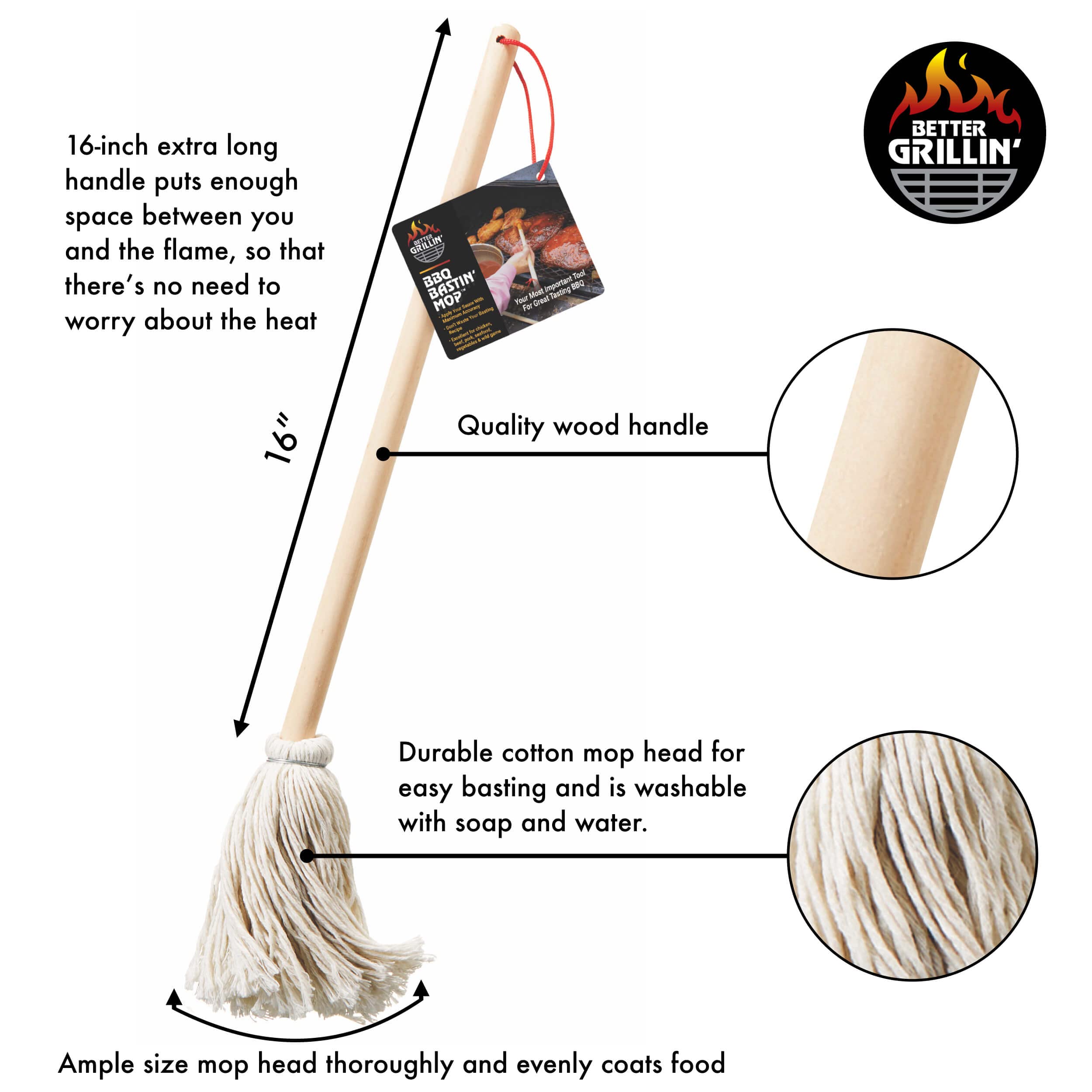 Better Grillin Bbq Bastin Mop Basting Barbecue Brush/Mop Easily Applies Marinades, Sauces, Washes Out, 16In Handle, 6Pk