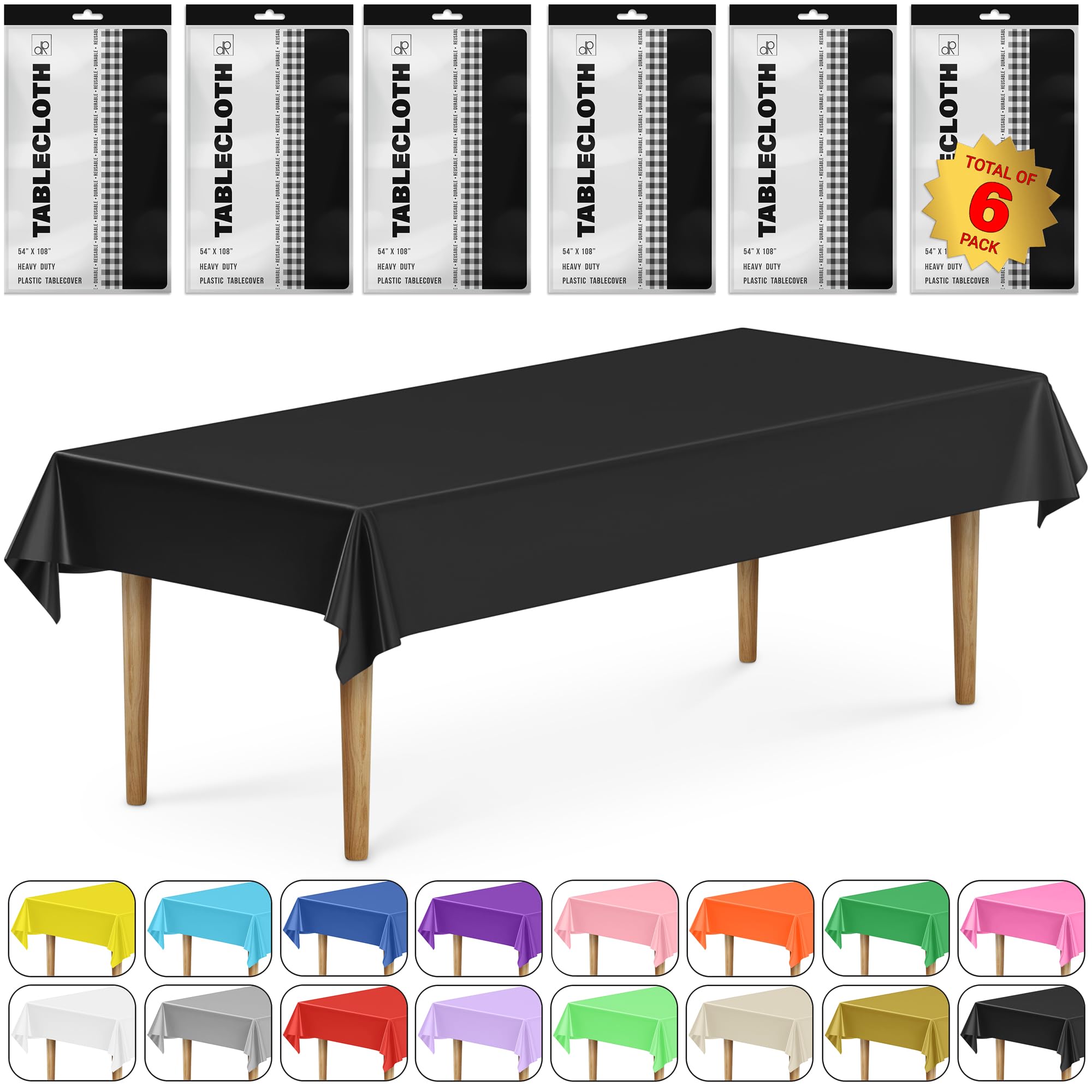 Decorrack 6 Pack Rectangular Tablecloths Bpa-Free Plastic, 54 X 108 Inch, Dining Table Cover Cloth, Black (6 Pack)