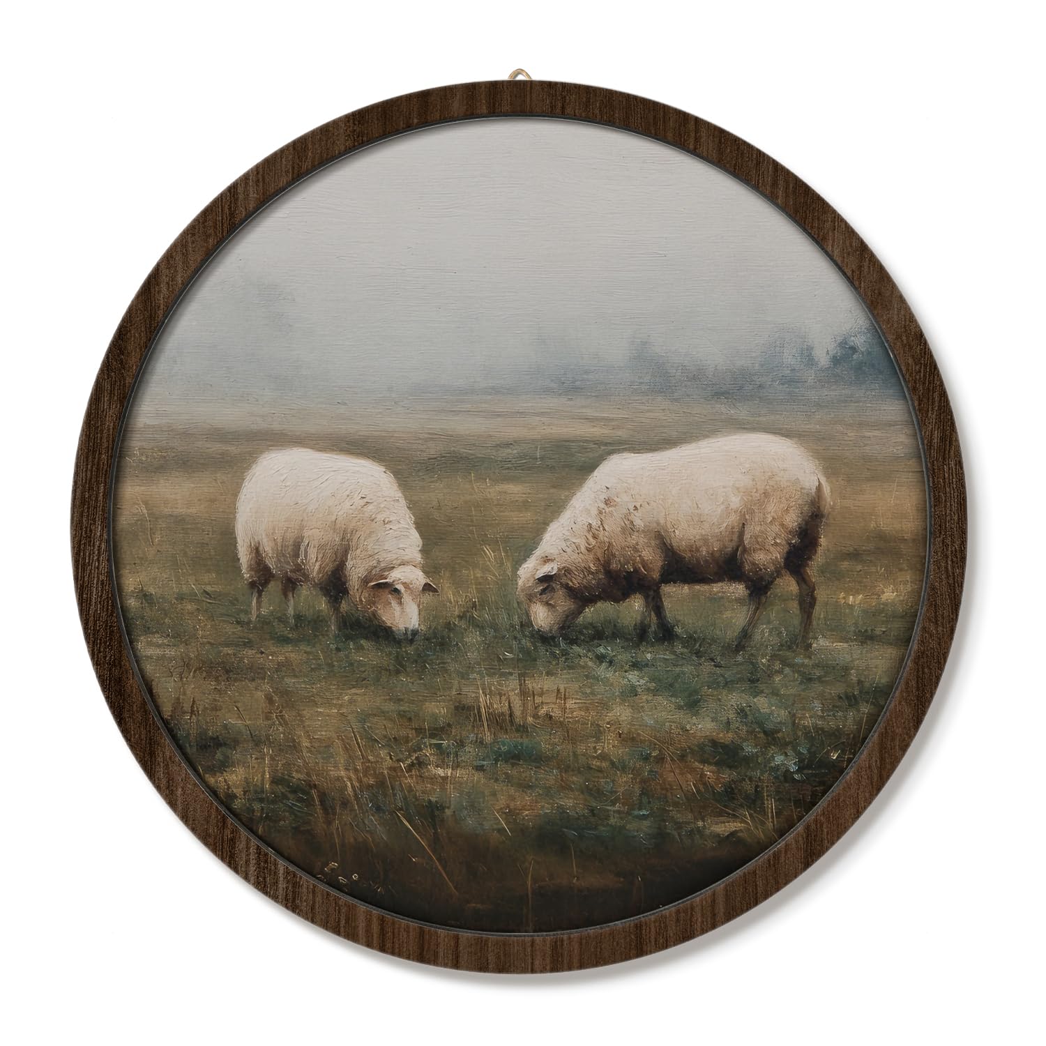Vontp Country Sheep Round Wall Art Decor, Retro Rural Sheep Grazing Field Pictures, Grazing On Hill Landscape For Bedroom Living