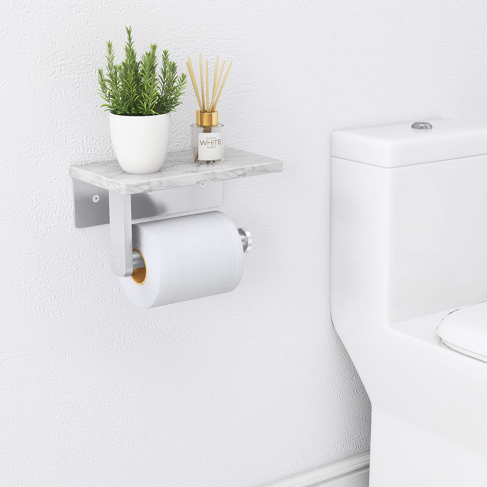 Gypie Brushed Nickel Toilet Paper Holder with Natural Marble Shelf  Screw Wall Mounted  Tissue Roll Holder for Bathroom Washroom