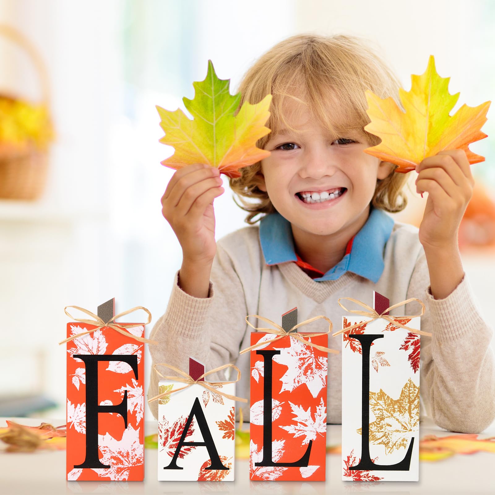 Fall Decorations for Home - 4 PCS Wood Fall Lettered Pumpkin Sign Block Set Autumn Centerpieces Decor for Tables Tabletop Desk T