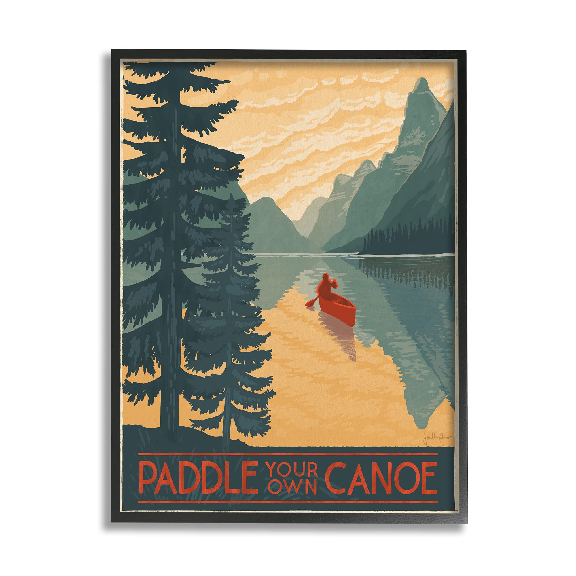 Stupell Industries Paddle Your Own Canoe Phrase Mountain Lake Adventure, Designed By Janelle Penner Black Framed Wall Art, 16 X