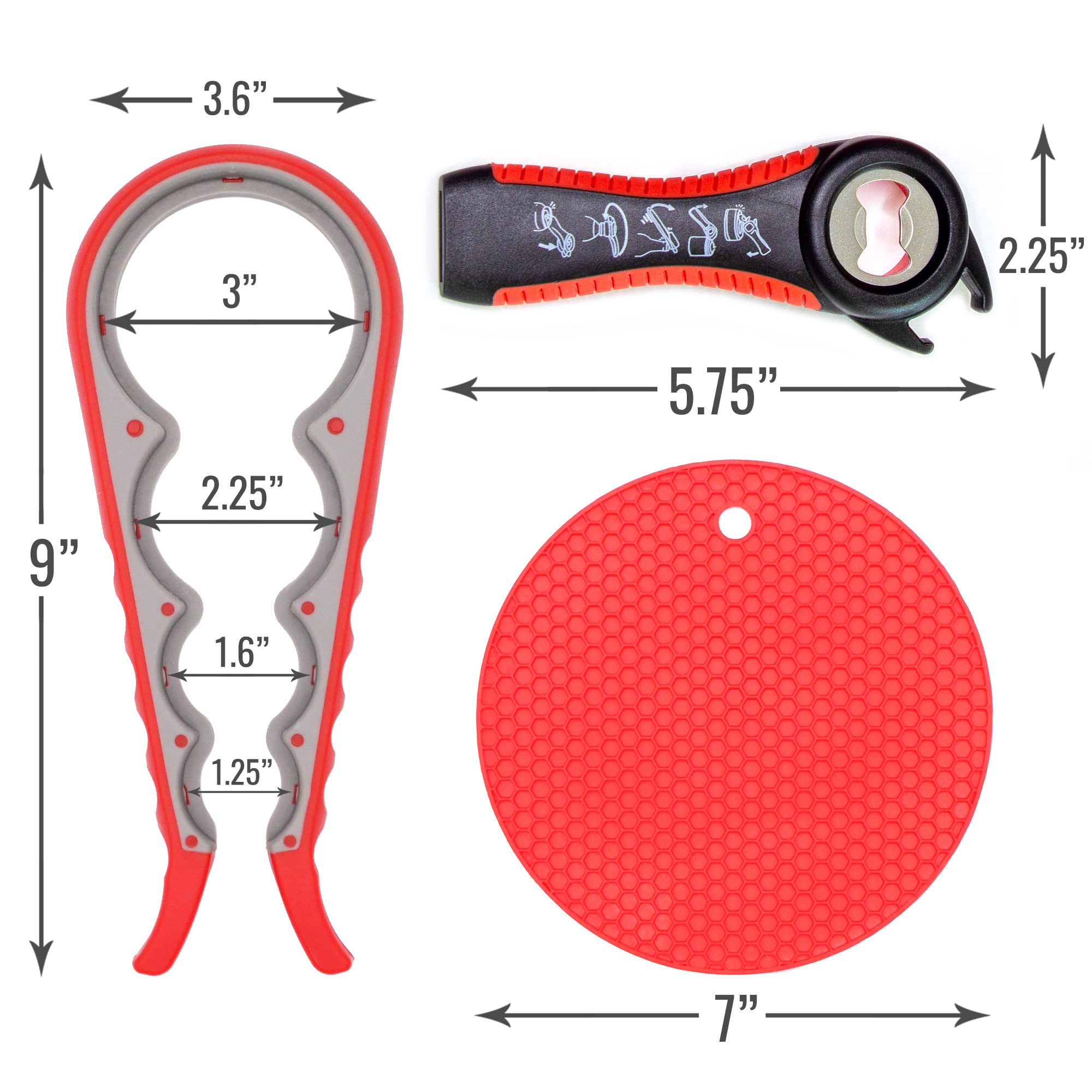 HealthSmart 3-Piece Jar Opener Set, 4-in-1 & 5-in-1 Tools, Silicone Non-Slip Pad, Red, Model 640-6701-0000