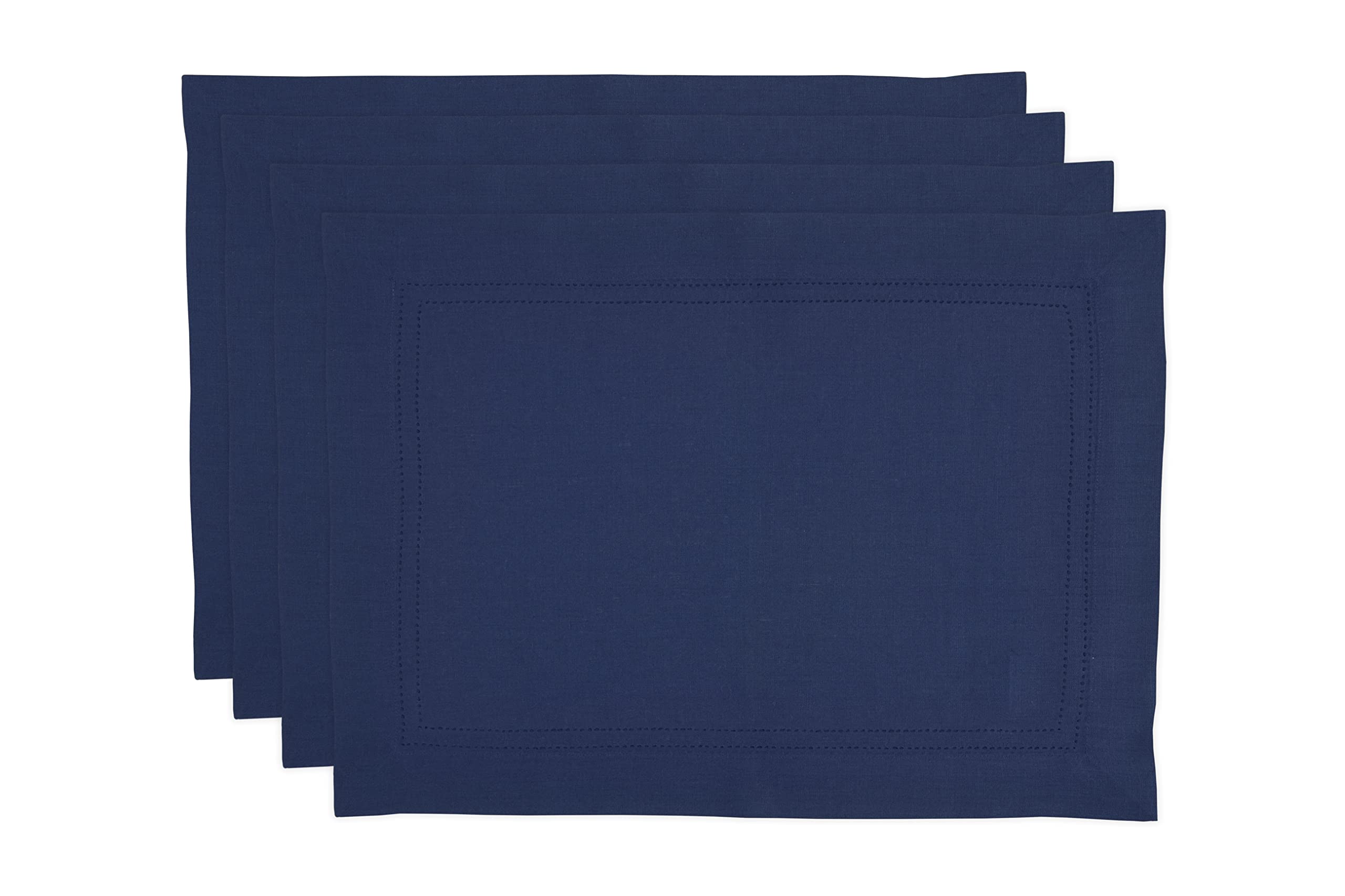Solino Home Linen Placemats 19'' L X 14'' W Inch - 100% Pure Linen Indigo Blue Cloth Placemats Set Of 4 - Linen Double Hemstitch