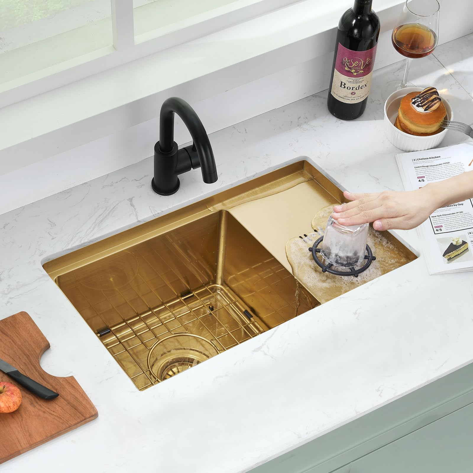 23 Inch Gold Undermount Bar Sink With Glass Rinser - Pepo 23X14X9 Inch Stainless Steel Undermount Workstation Sink Bar Prep Sink