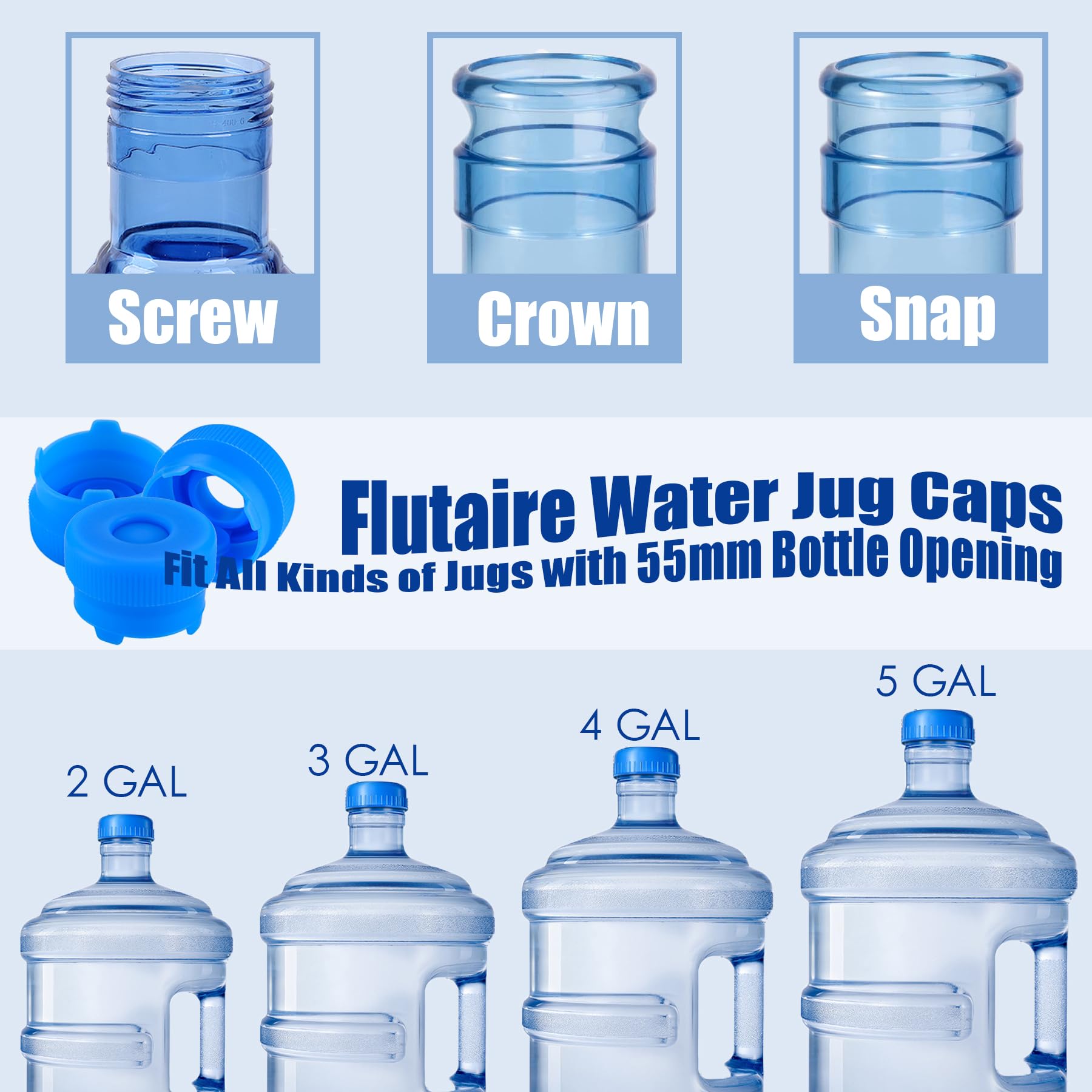 Flutaire [3-Pack] Water Jug Cap For 2,3,4,5 Gallon Water Bottles With 55Mm Standard/Screw/Crown Opening, Food-Grade Silicone Reu