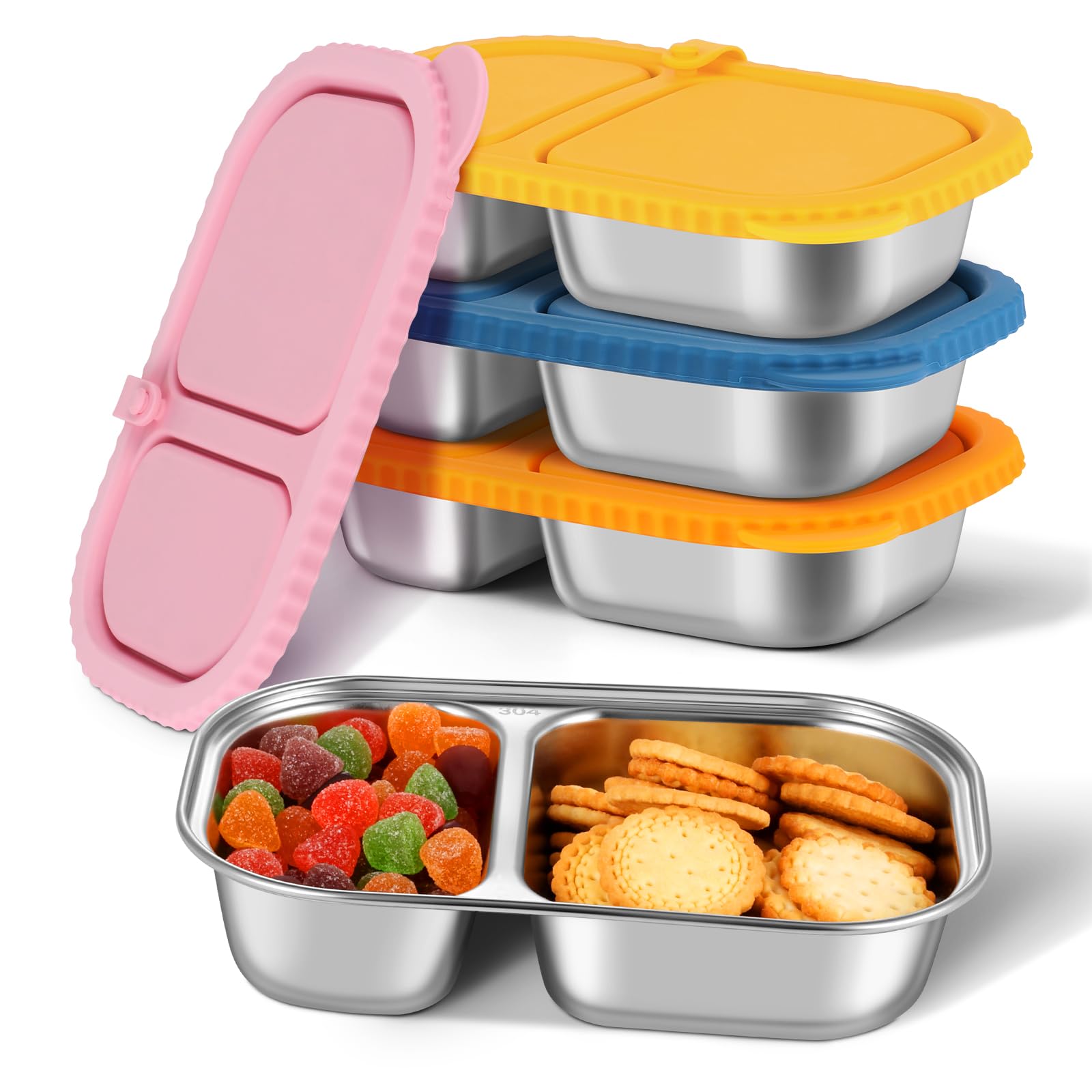 BIEOFFEI 4 Pack Stainless Steel Snack Containers with Silicone Lids, Reusable Stainless Steel Food Containers Snack Box, 2 Compa