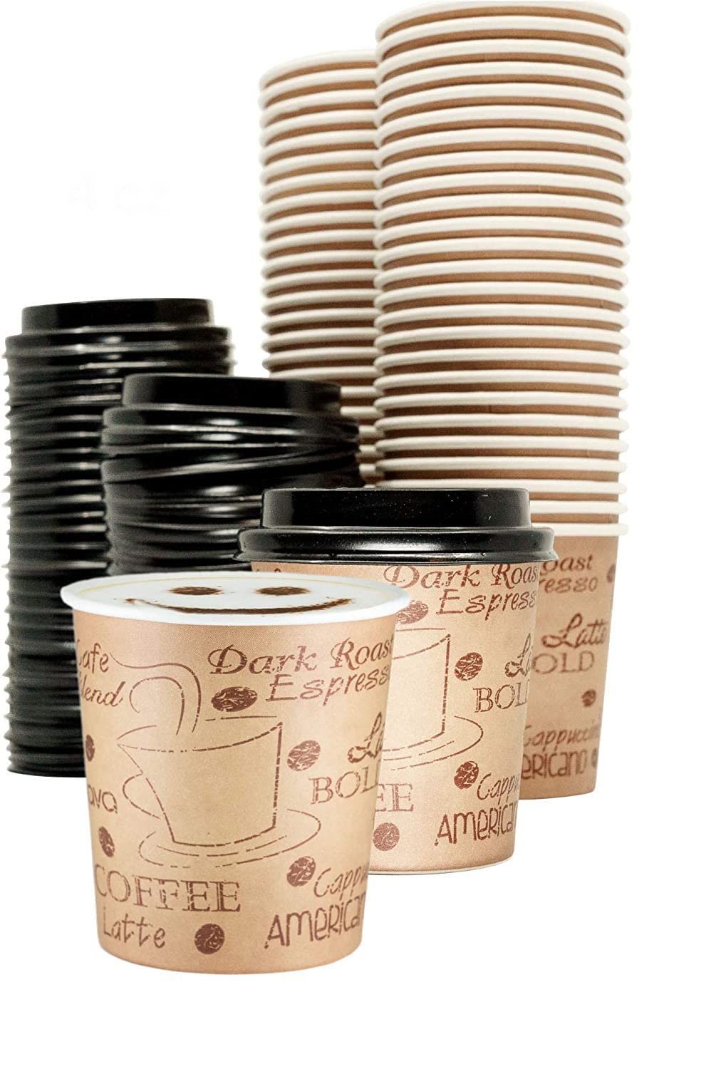 Ecodesign-Us 4 Ounce Disposable Espresso Paper Hot Cups With Black Lids - 50 Sets - Print - Small Portion Sample Shots (50, Prin