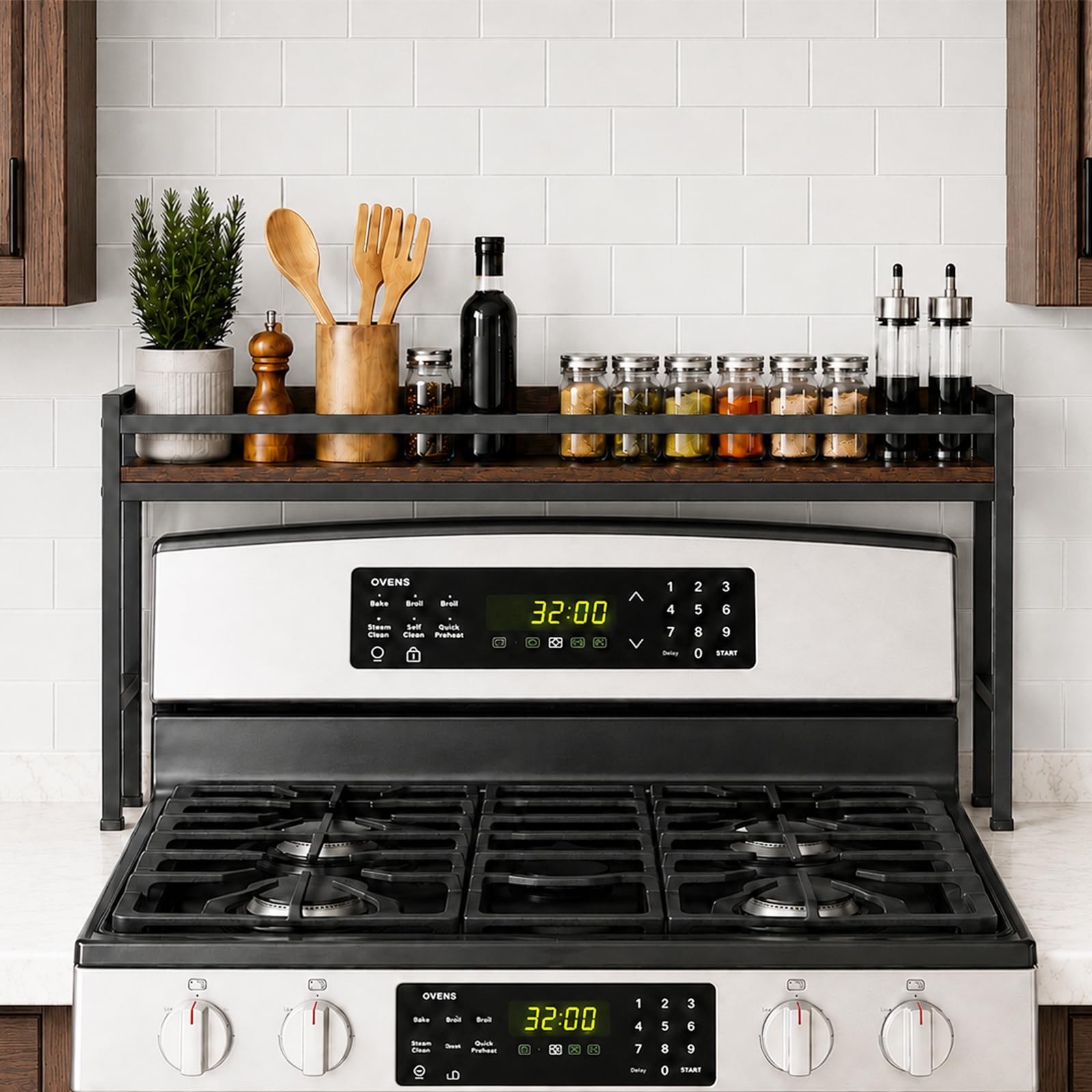 Oiseco Spice Rack Shelf for Kitchen Stove, Over The Stove Shelf, Stove Top Spice Rack Organizer with Iron Frame and Wooden Top, 