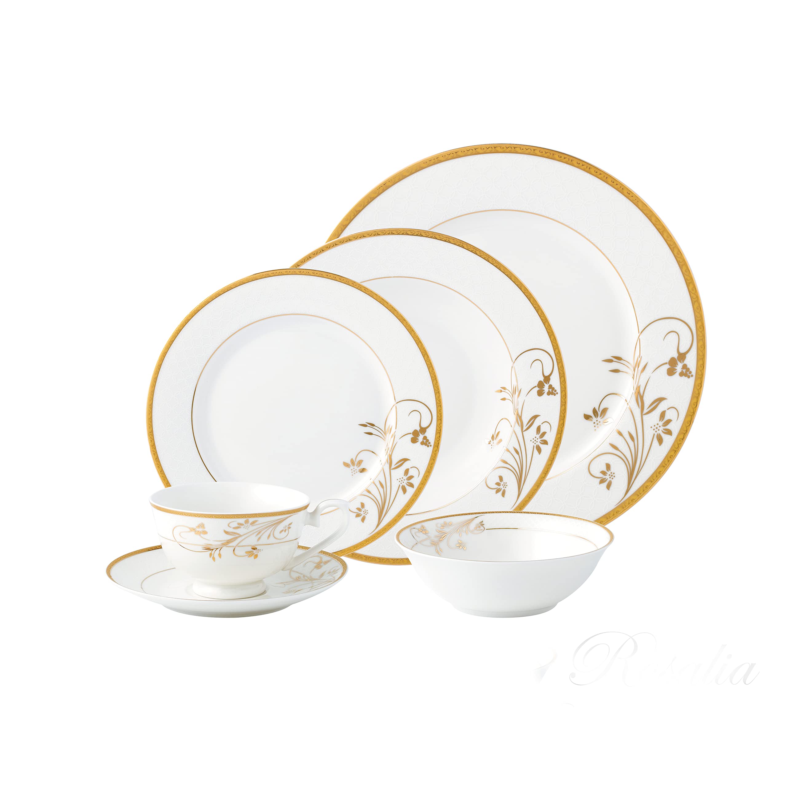 Lorren Home Trends La Luna Bone China 57-Piece 24K Gold Floral Design Dinnerware Set, Service for 8