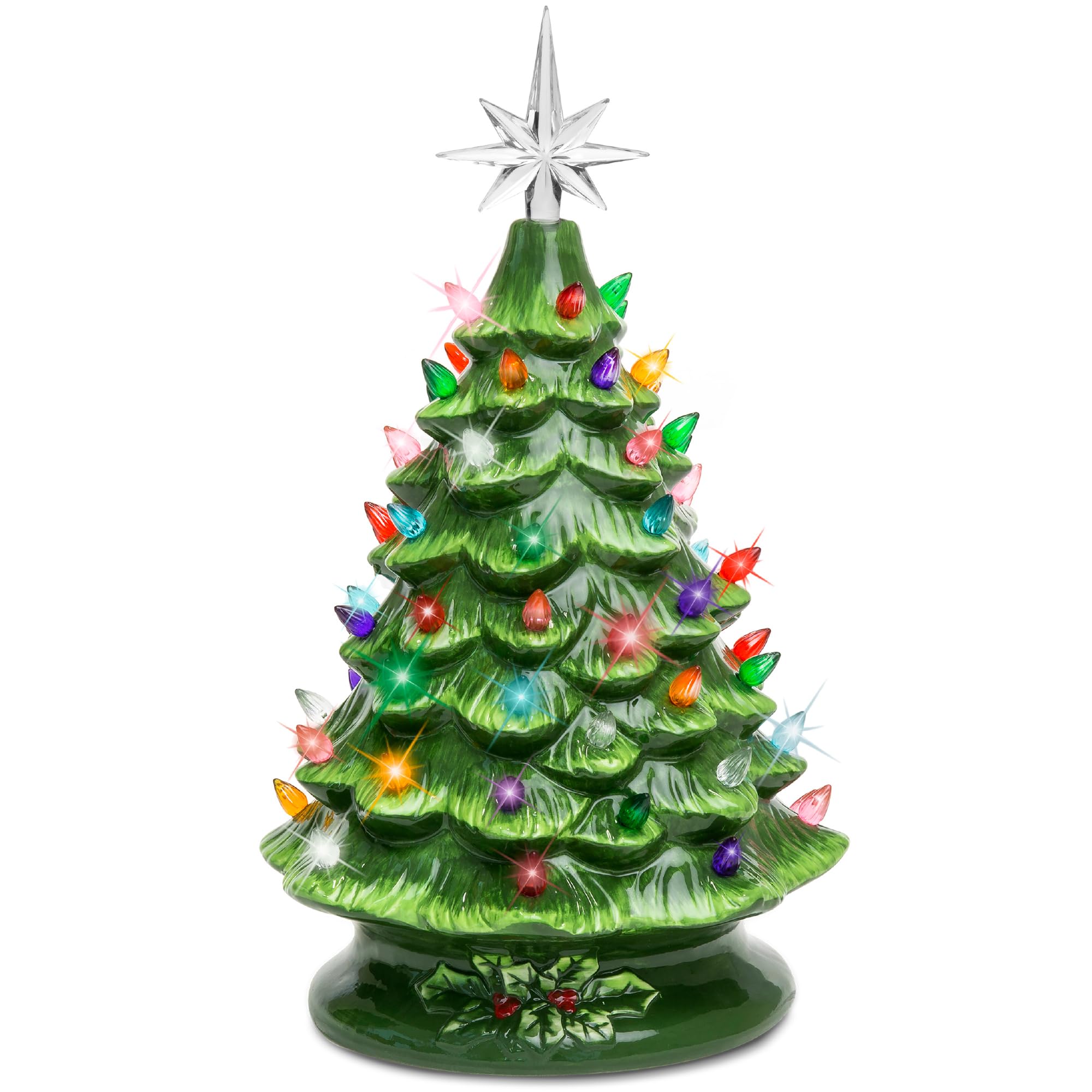 Best Choice Products 15in Ceramic Christmas Tree, Pre-lit Hand-Painted Tabletop Holiday Tree, 2 Star Toppers, 64 Lights - Flocke
