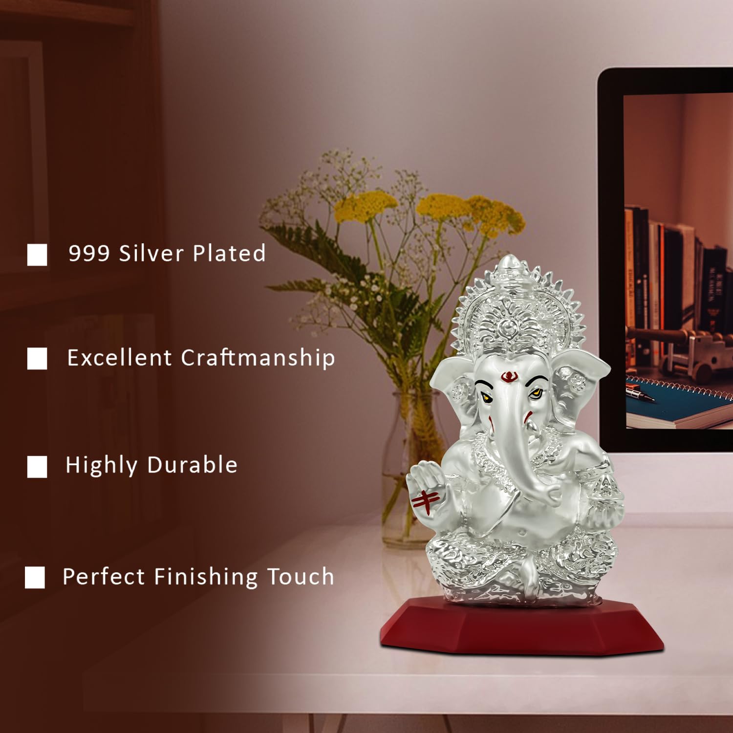 Diviniti Ganesha Idol For Home Decor Showpiece 999 Silver Plated Statue Of Lord Ganesha For Tabletop Ganesh Ji Murti For Puja Ro