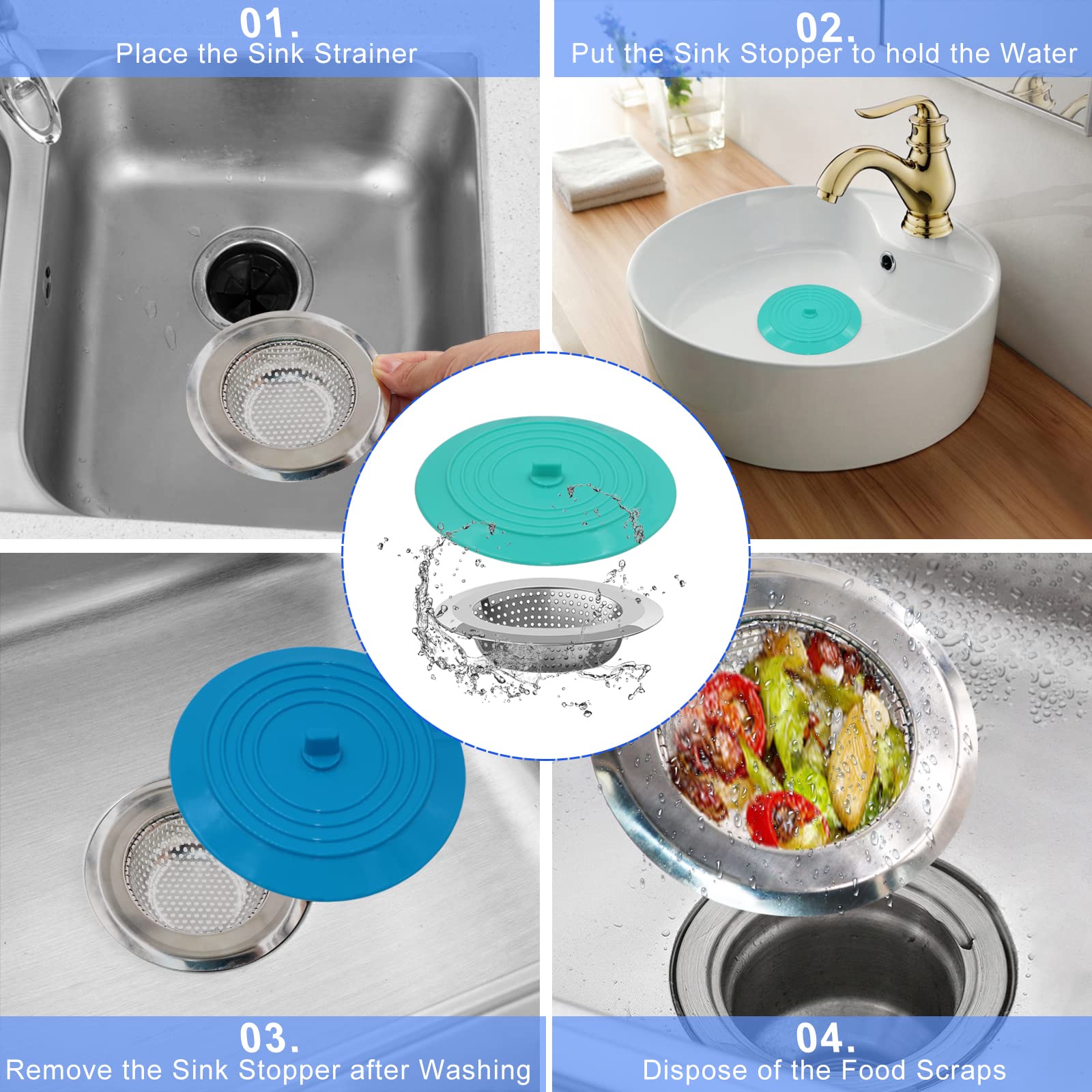 V-Top Sink Strainer Stopper 4 Pack, Universal Silicone Kitchen Sink Drain Strainer Cover Plug Stopper Kit, 4.5 Inch Stainless St