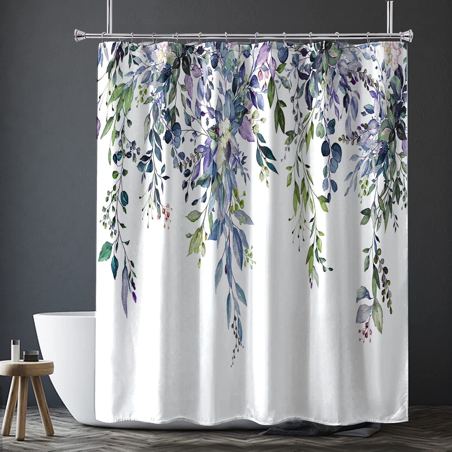 Nuseiis Extra Long Blue Purple Shower Curtain 72 x 84 Inch  Fabric Long Eucalyptus Leaves Shower Curtain  Watercolor Floral Plant Bathroom Decor with Hooks