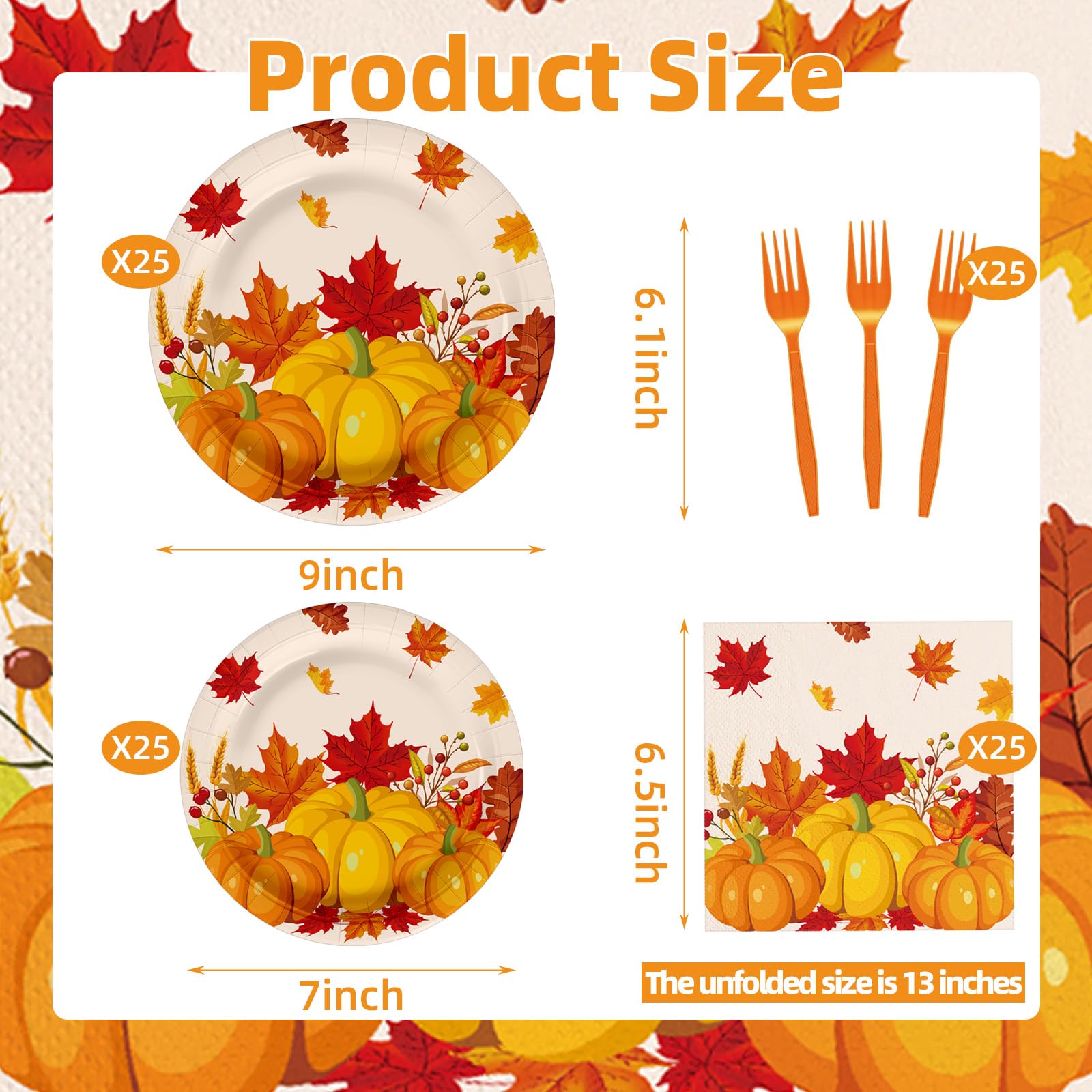 100 Pcs Fall Pumpkin Maple Tableware Party Supplies Set, Serves 25 - Disposable Autumn Harvest Paper Plates, Napkins, and Forks,