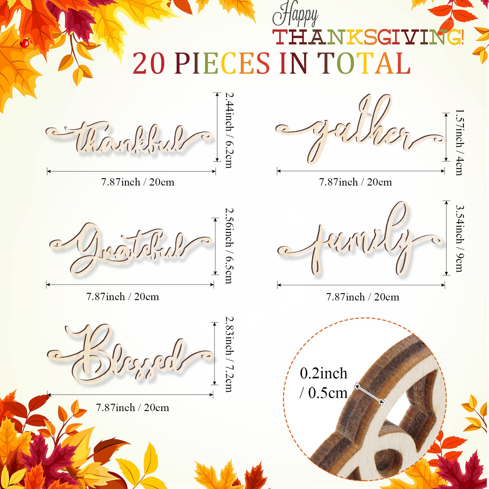 Jetec 20 Pieces Thanksgiving Decor Thankful Grateful Blessed Wood Cutout Sign for Plate Table Wall Decor Rustic Wooden Word Cuto