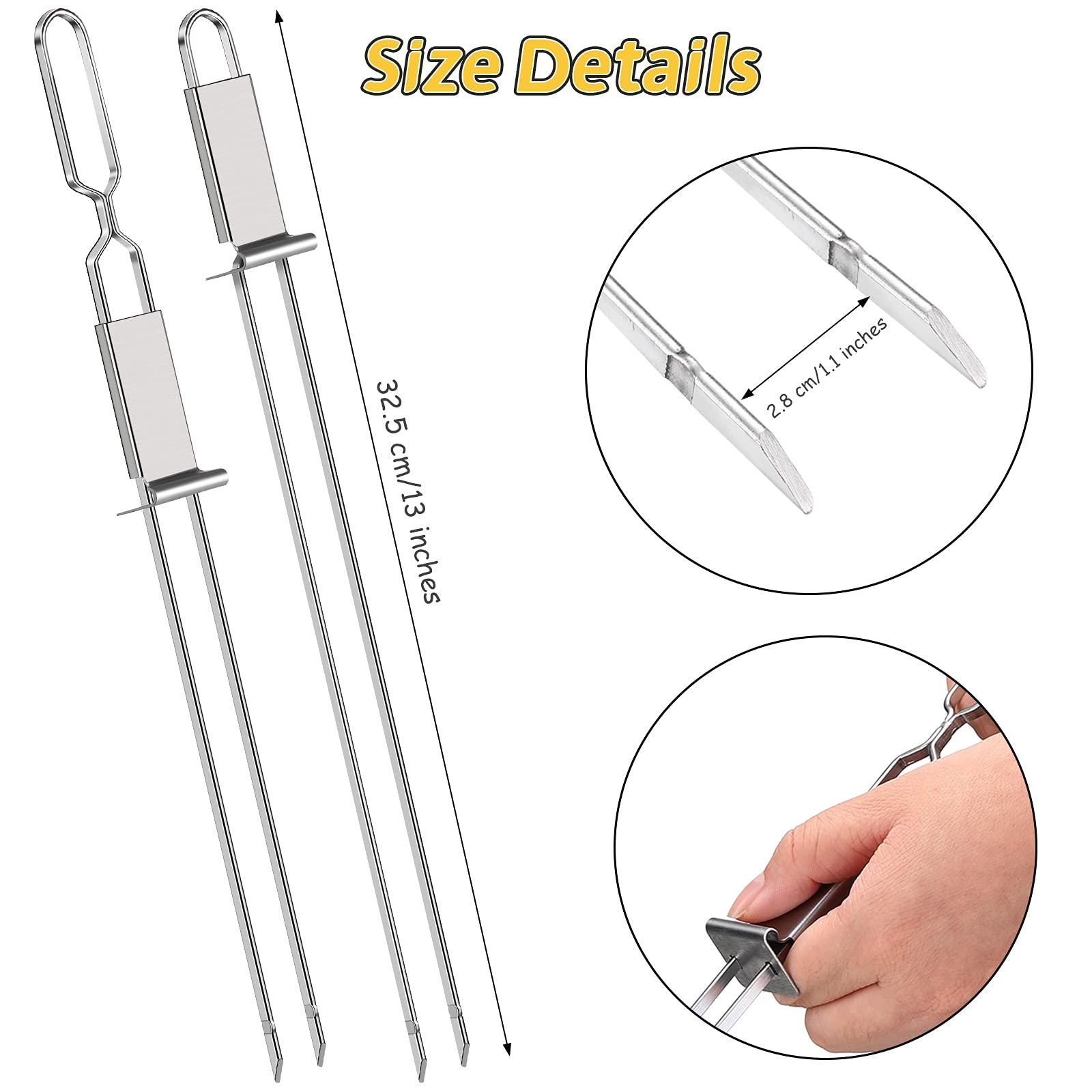 Lallisa Kabob Skewer for Grilling Metal Stainless Steel BBQ Skewer Stick with Push Bar Reusable Double Pronged Kebab Skewer Tool Quick Release Meat Chicken Vegetable and Fruit for Father (12 Pieces)