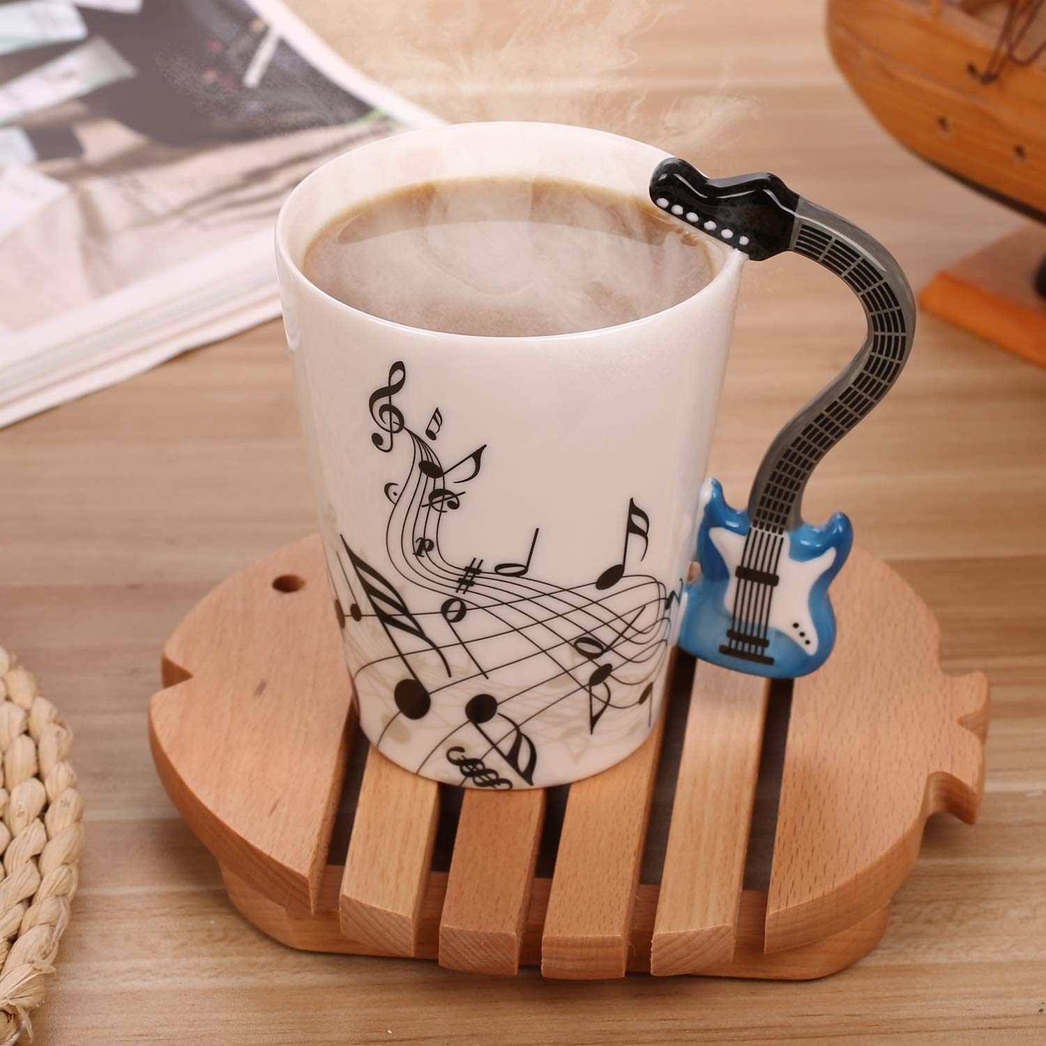 Buyneed 12.9 Oz Guitar Mug Music Note Tea Coffee Milk Ceramic Guitar Music Cup Mug Gifts For Guitar Players Musicians,Music Love