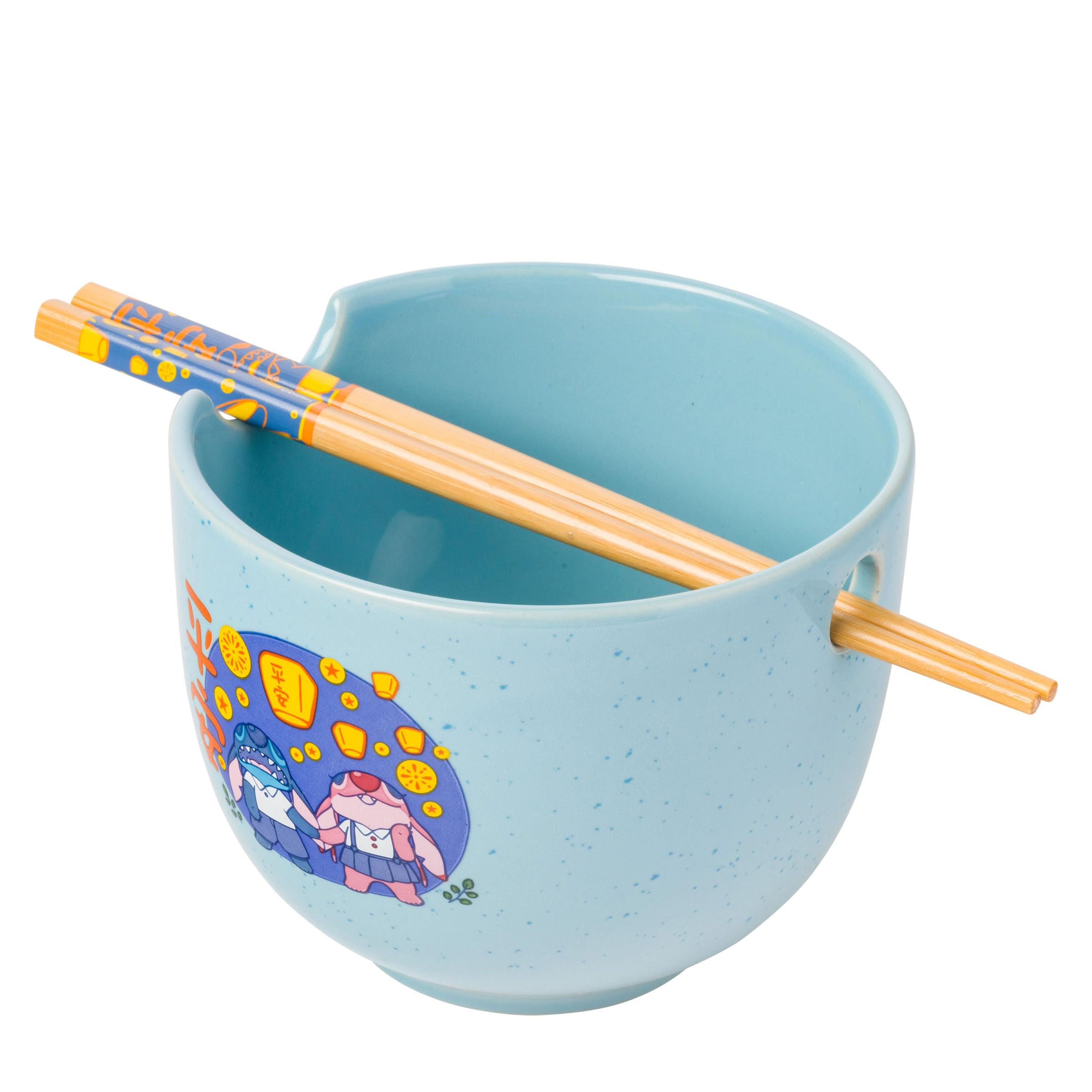Silver Buffalo Lilo And Stitch Angel Holding Hands Couple Floating Lantern Ceramic Ramen Noodle Rice Bowl With Chopsticks, Micro