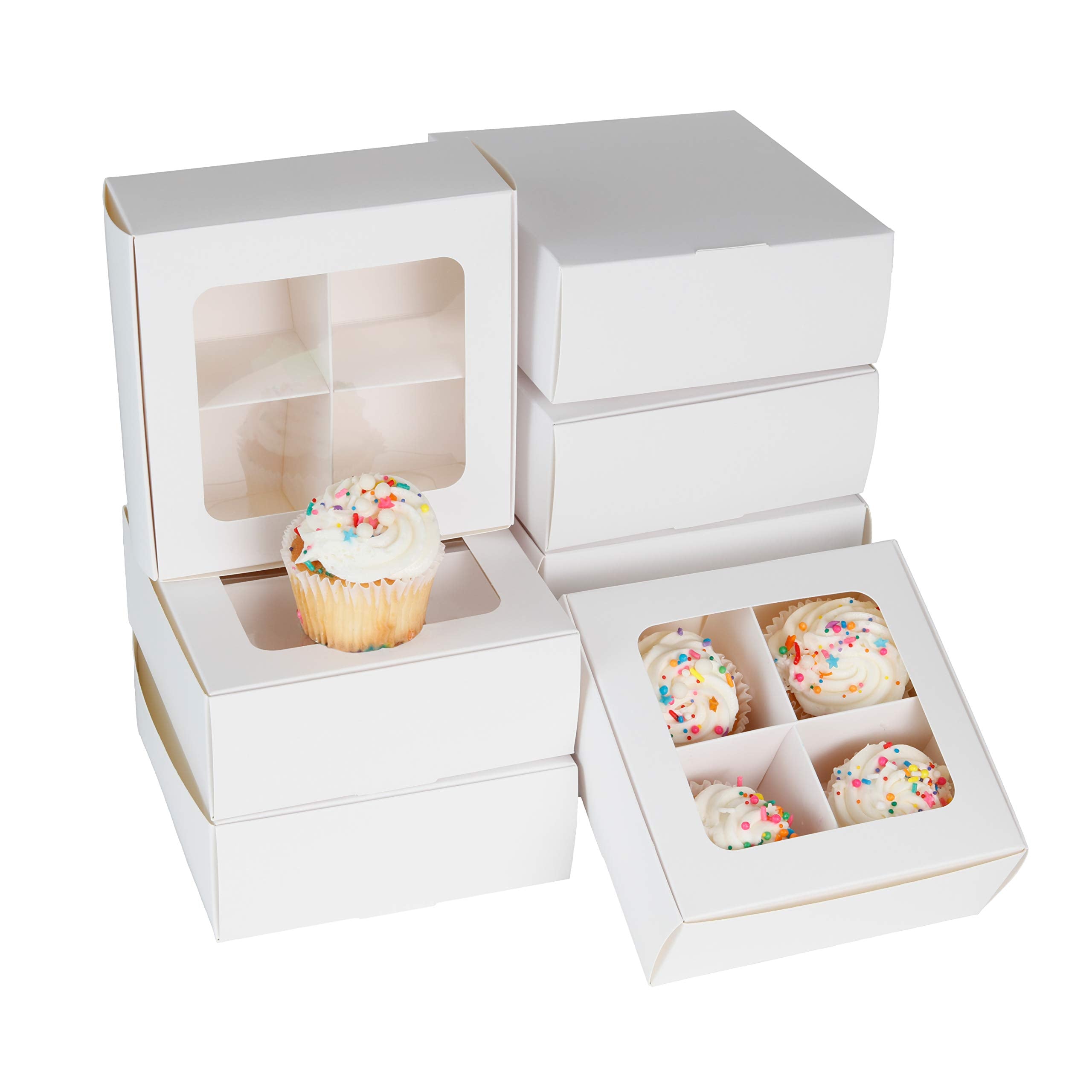 24-Pack Small Cookie Boxes for Packaging with Window and Dividers | 6x6x2.4 Inches | Four Compartment Treat Box for Charcuterie  Chocolate Covered Strawberries  Cookies  Candy  Brownies  and Small Treats for Gift Giving (White)