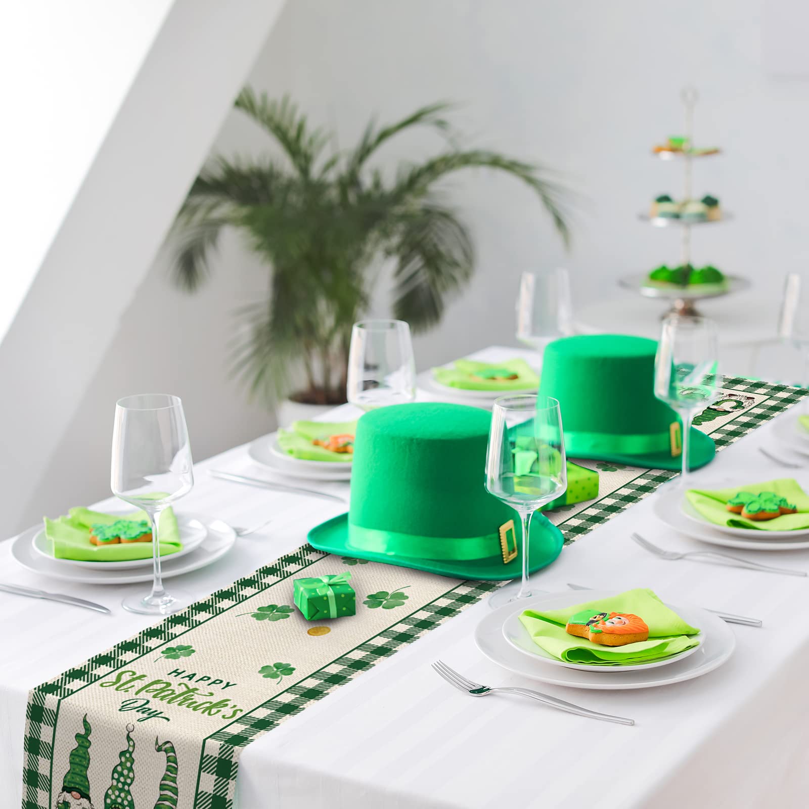 Yovoyoa Happy St Patricks Day Gnomes Table Runner 72 Inches Long, Green Shamrock Buffalo Plaid Table Runner, St Pats Lucky Clove