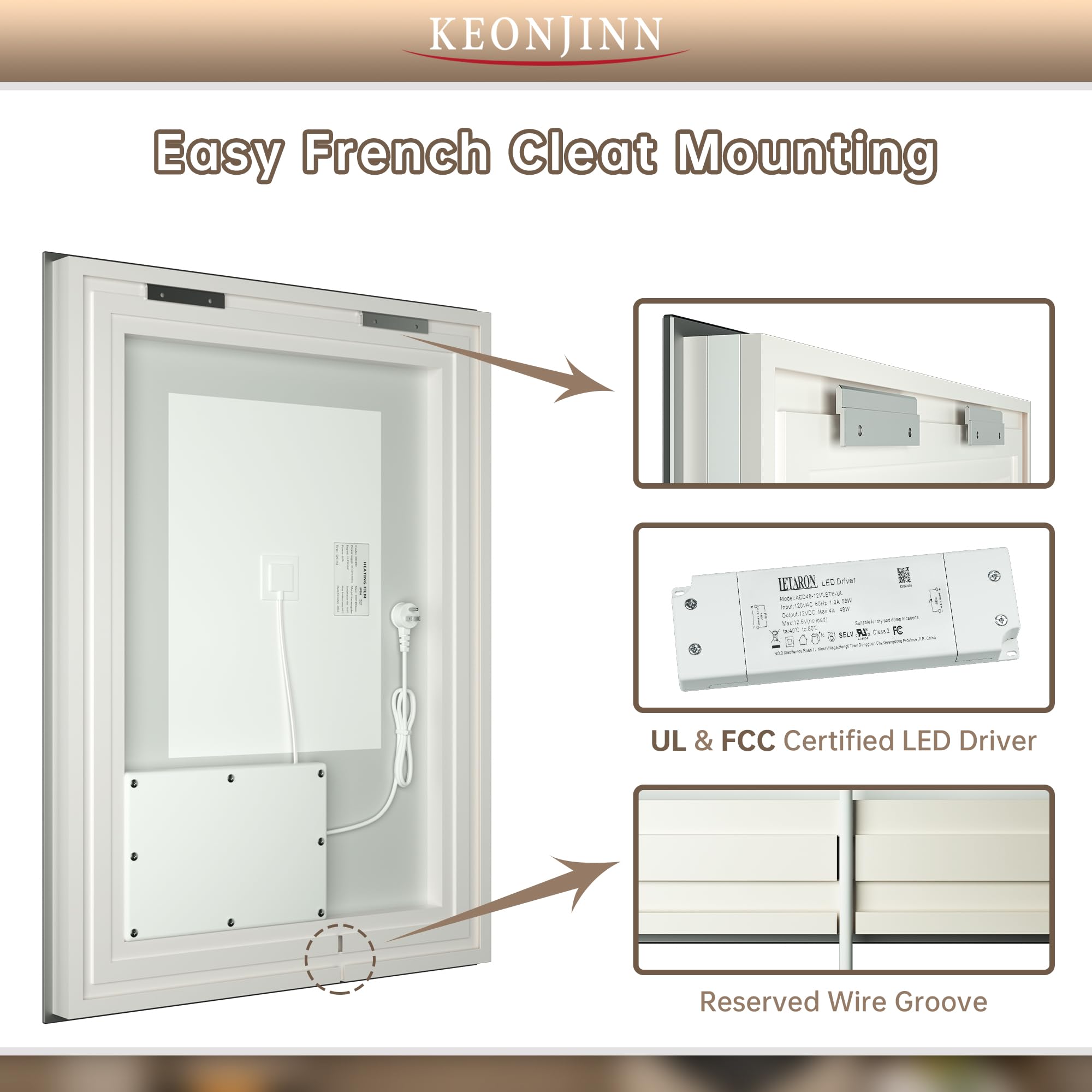 Keonjinn Led Bathroom Mirror 40    X 24    With Frontlit And Backlit, Stepless 3 Colors Temperature & Dimmable Vanity Mirror, Ul