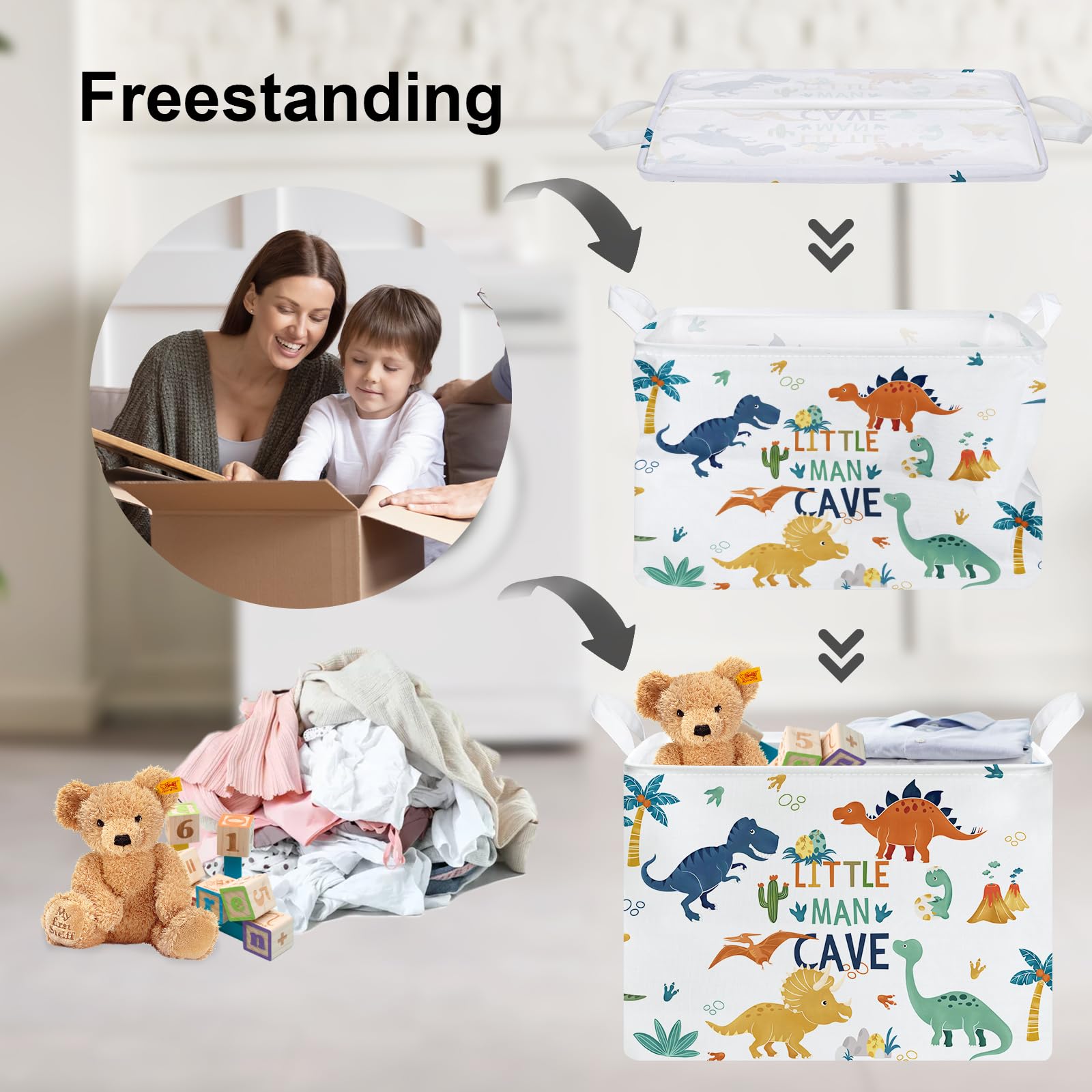 Clastyle 36L Large Boho Dinosaur Pterosaur Shelf Basket With Handle Collapsible Rectangle Dino Palm Tree Toy Clothes Storage Bas